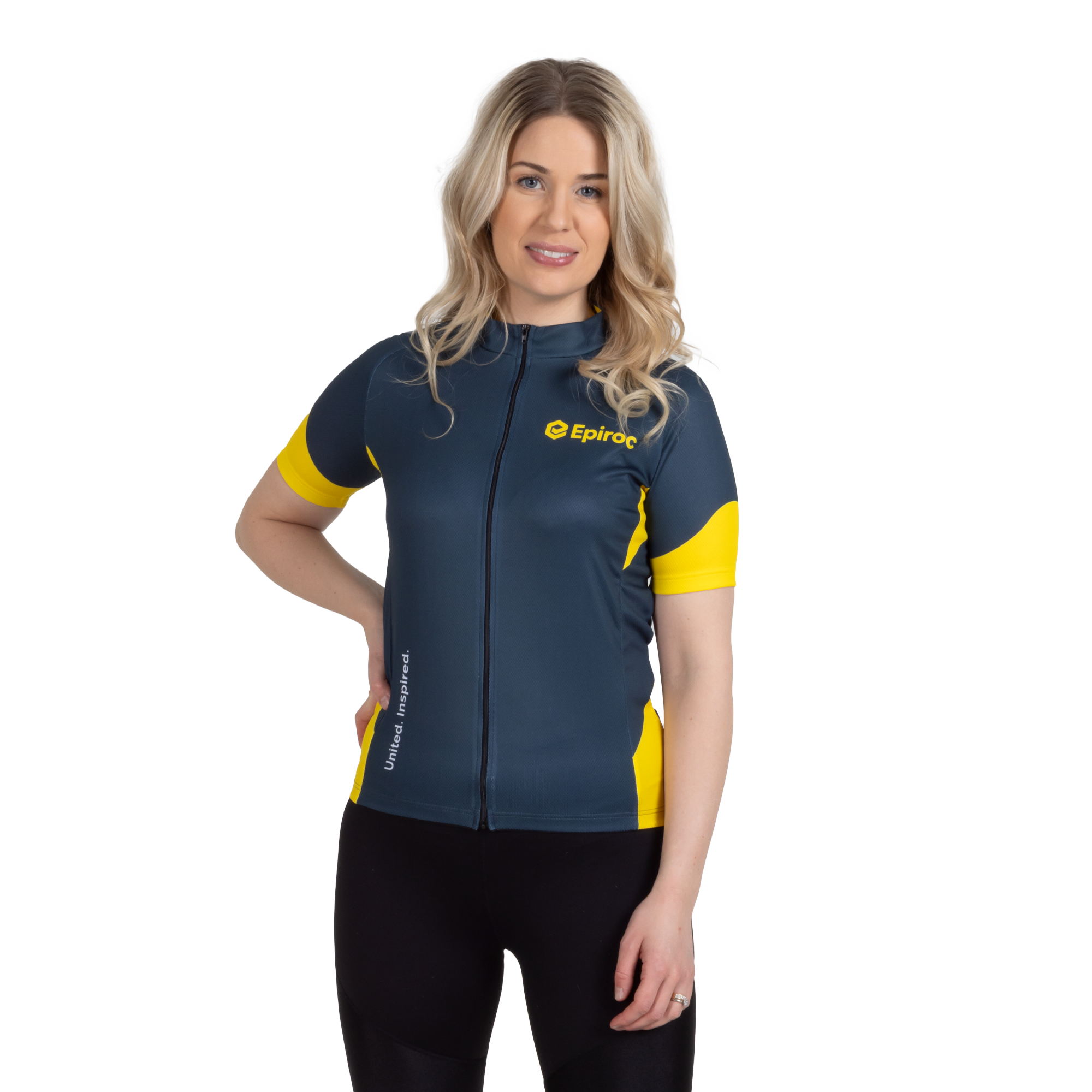 bike shirt in grey and yellow with epiroc logo