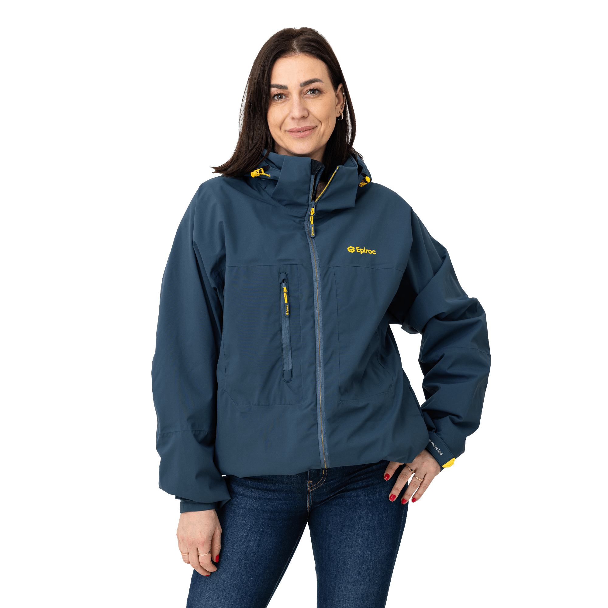 rain jacket with epiroc logo on female model