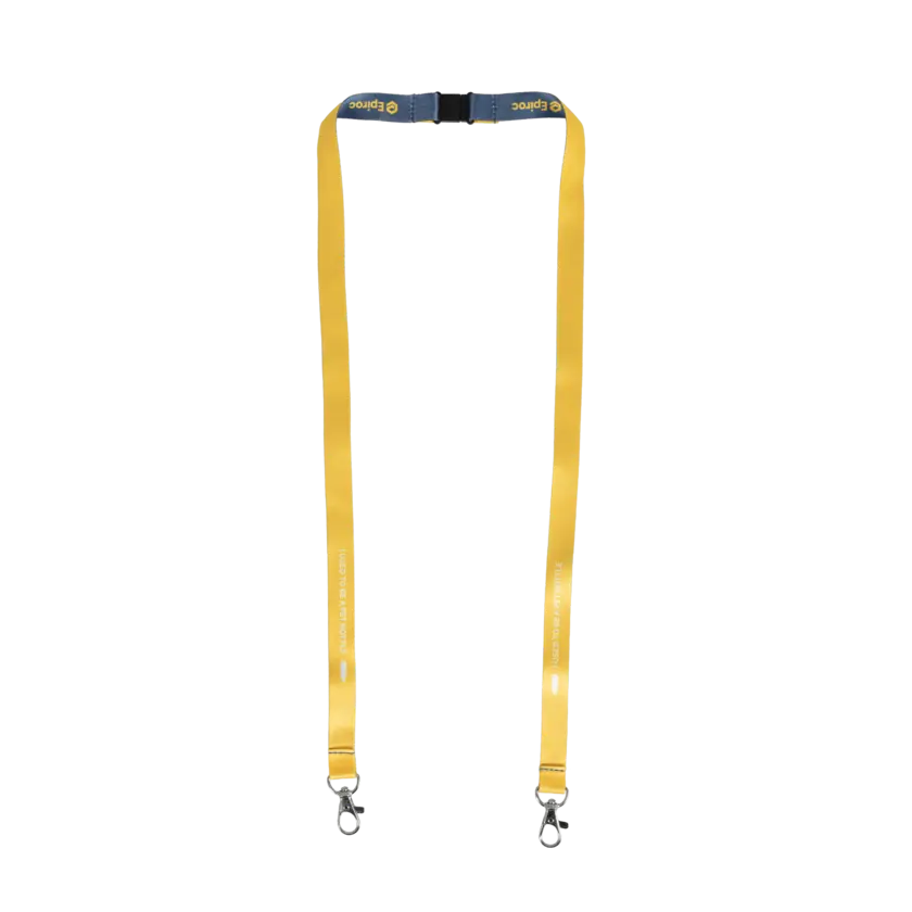 grey and yellow lanyard with double carabiner hooks and epiroc logo