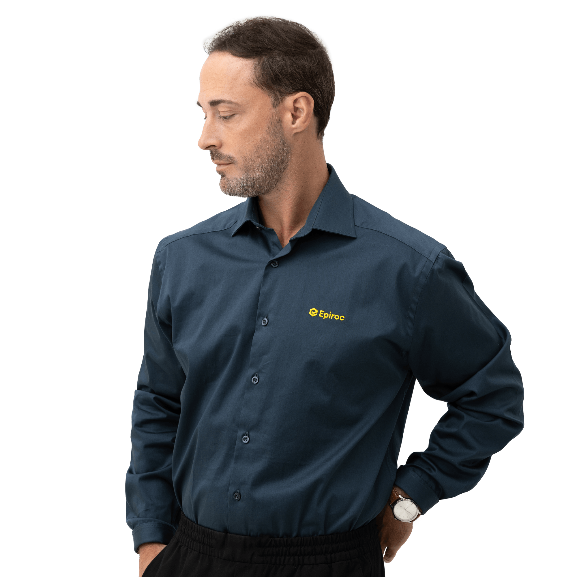 grey shirt with epiroc logo on model