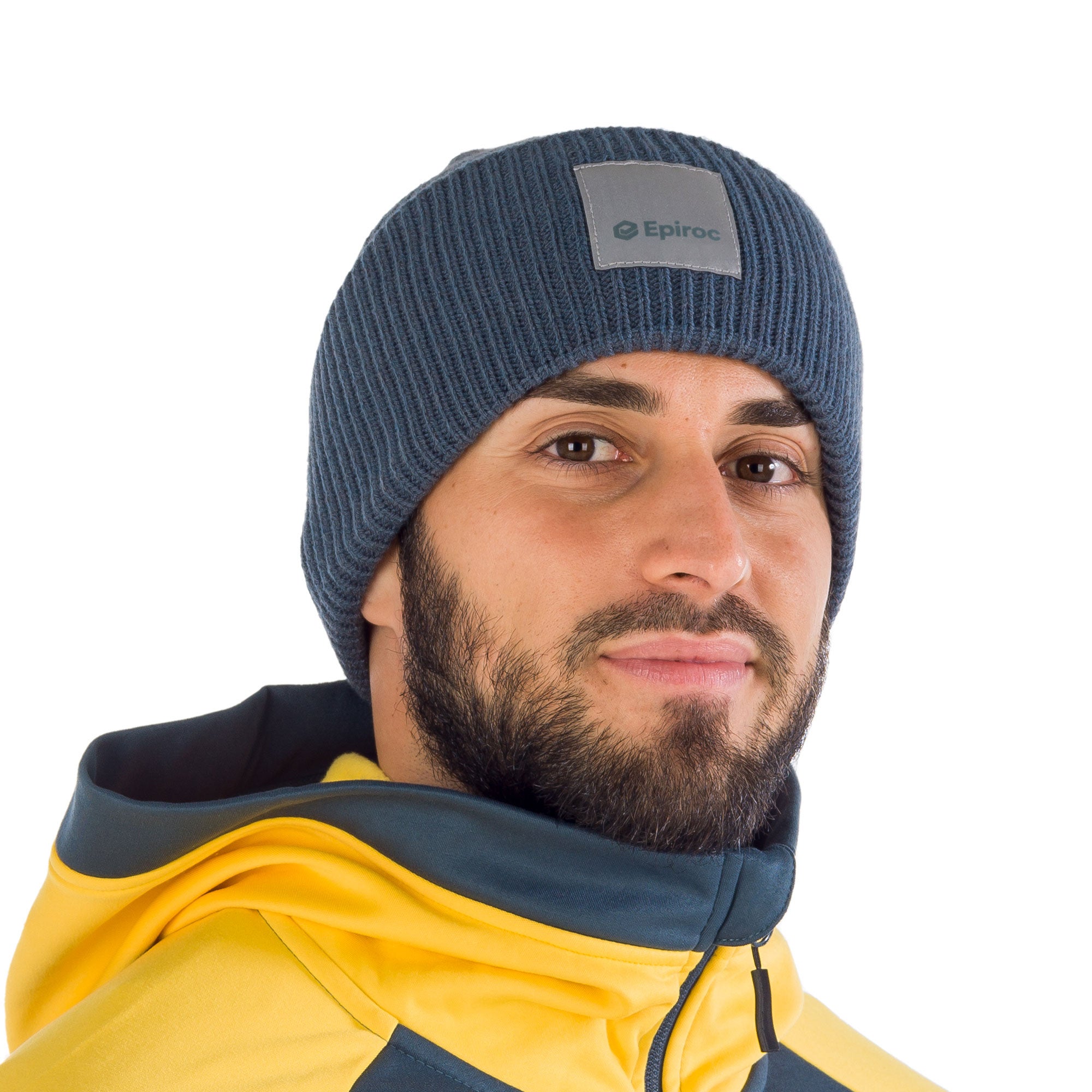 grey knitted hat with epiroc reflective label