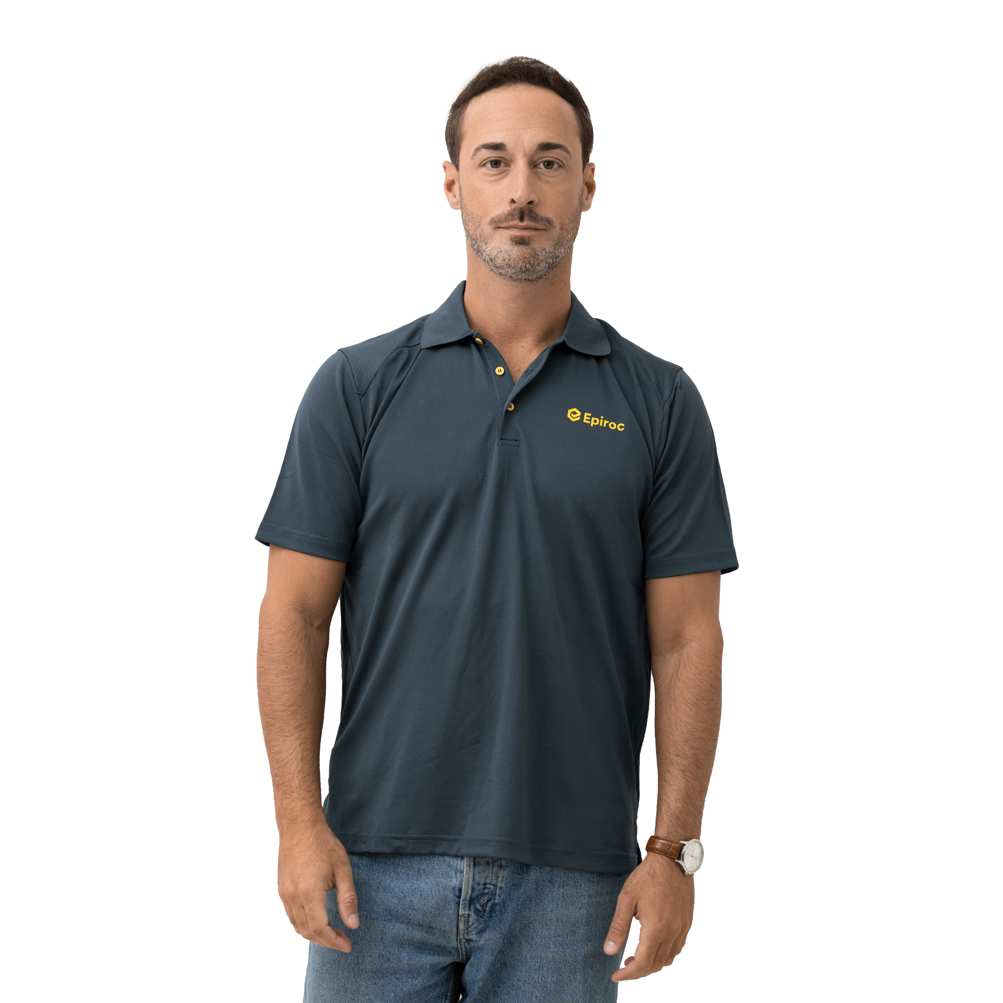 grey polo shirt with epiroc logo in yellow on male model