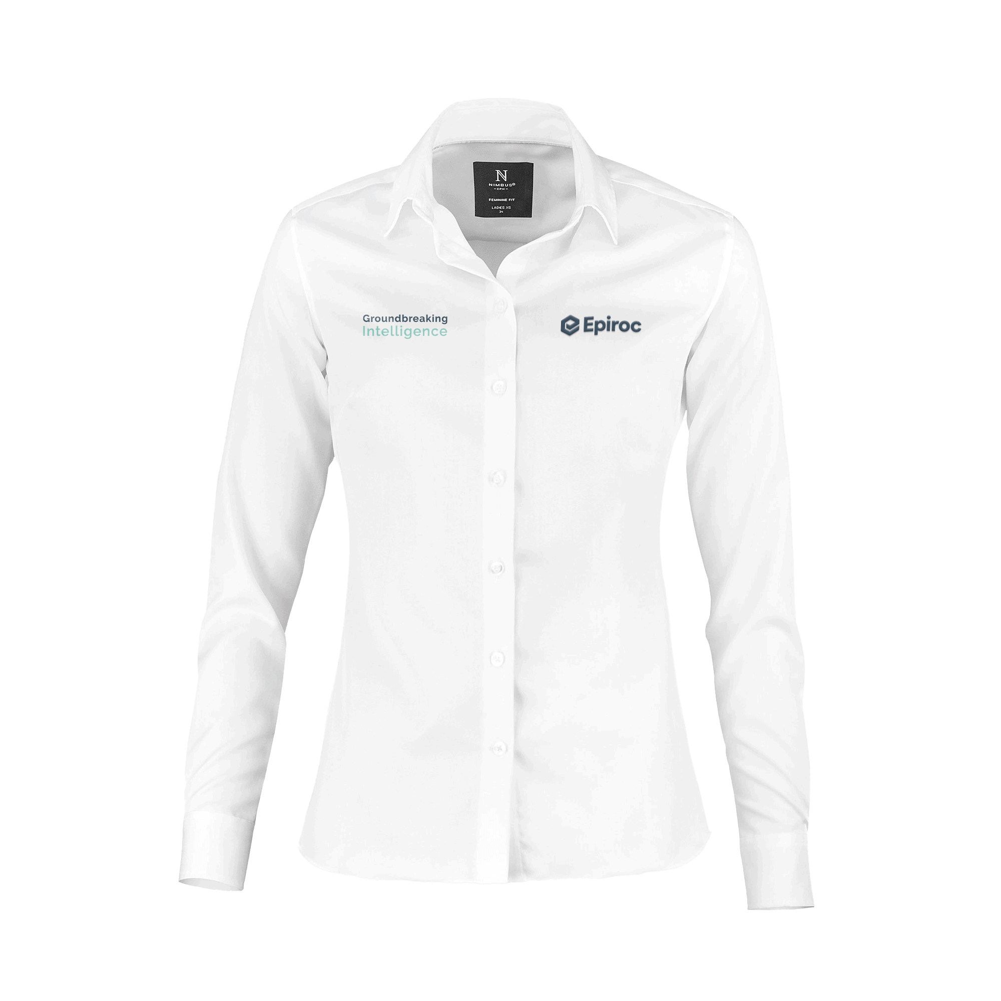 Ladies white epiroc shirt with ground logo