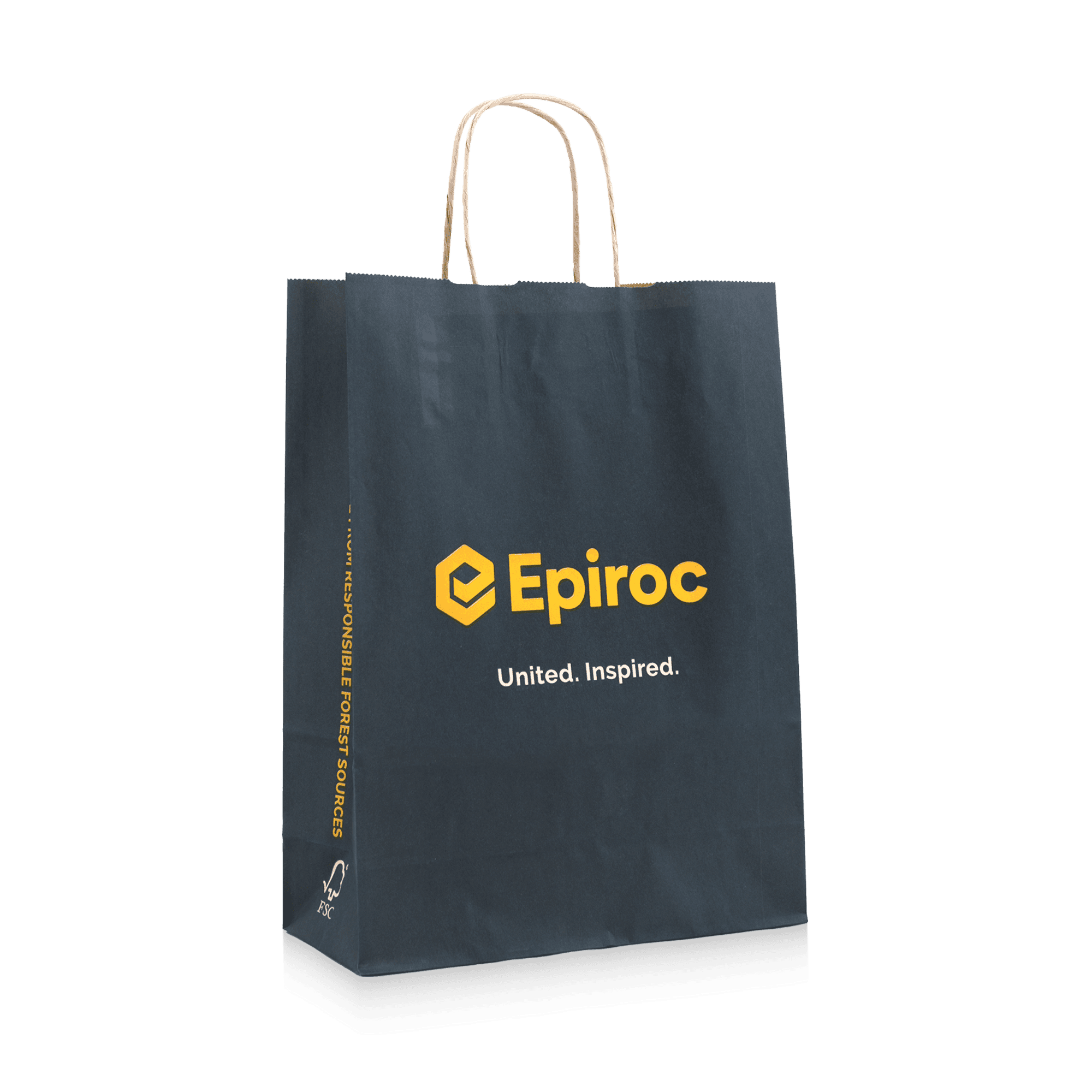grey paper bag with yellow epiroc logo