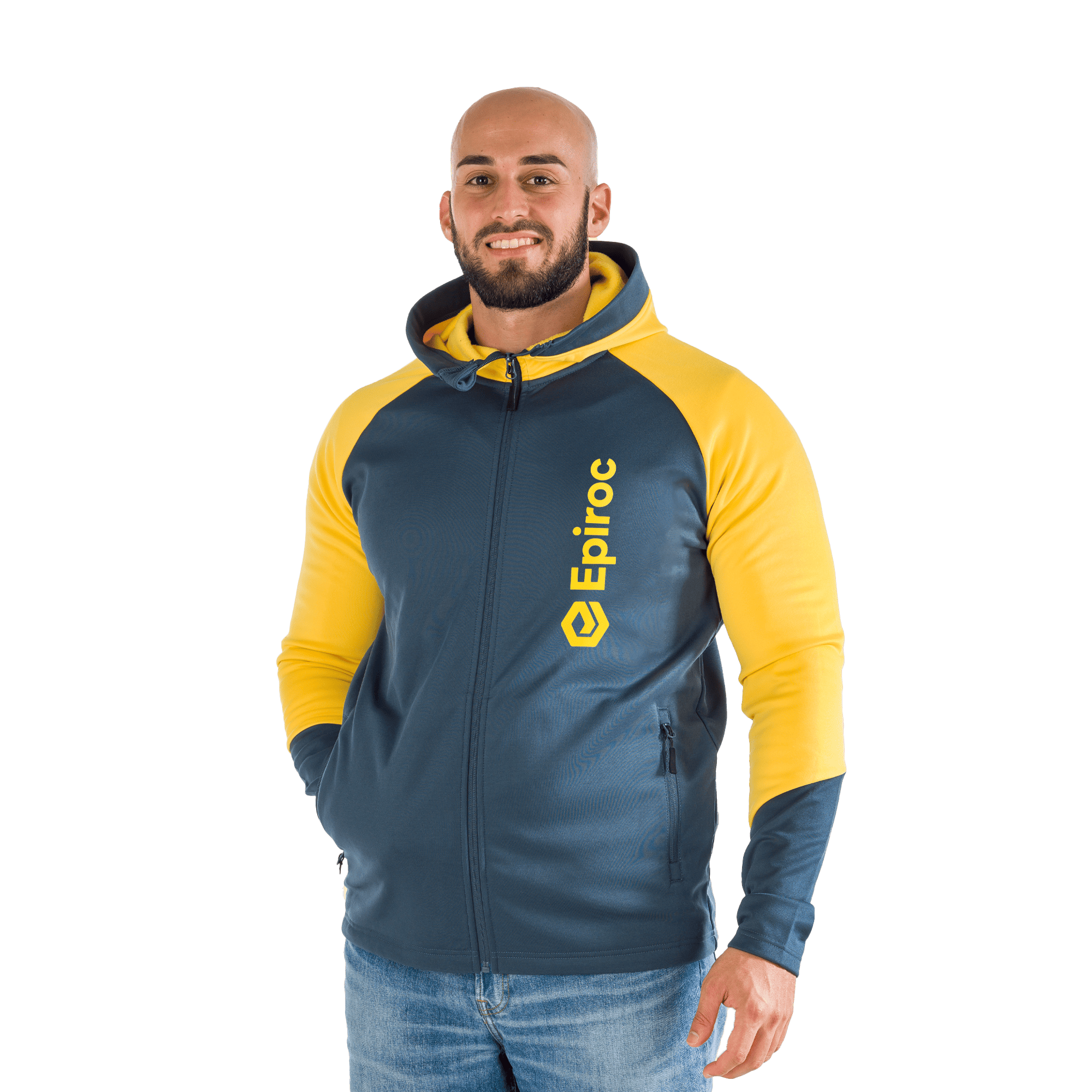 grey and yellow epiroc power hoodie