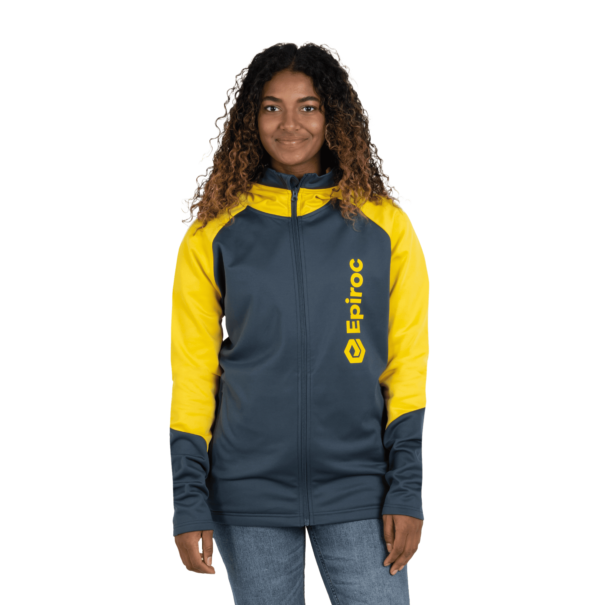 grey and yellow epiroc power hoodie