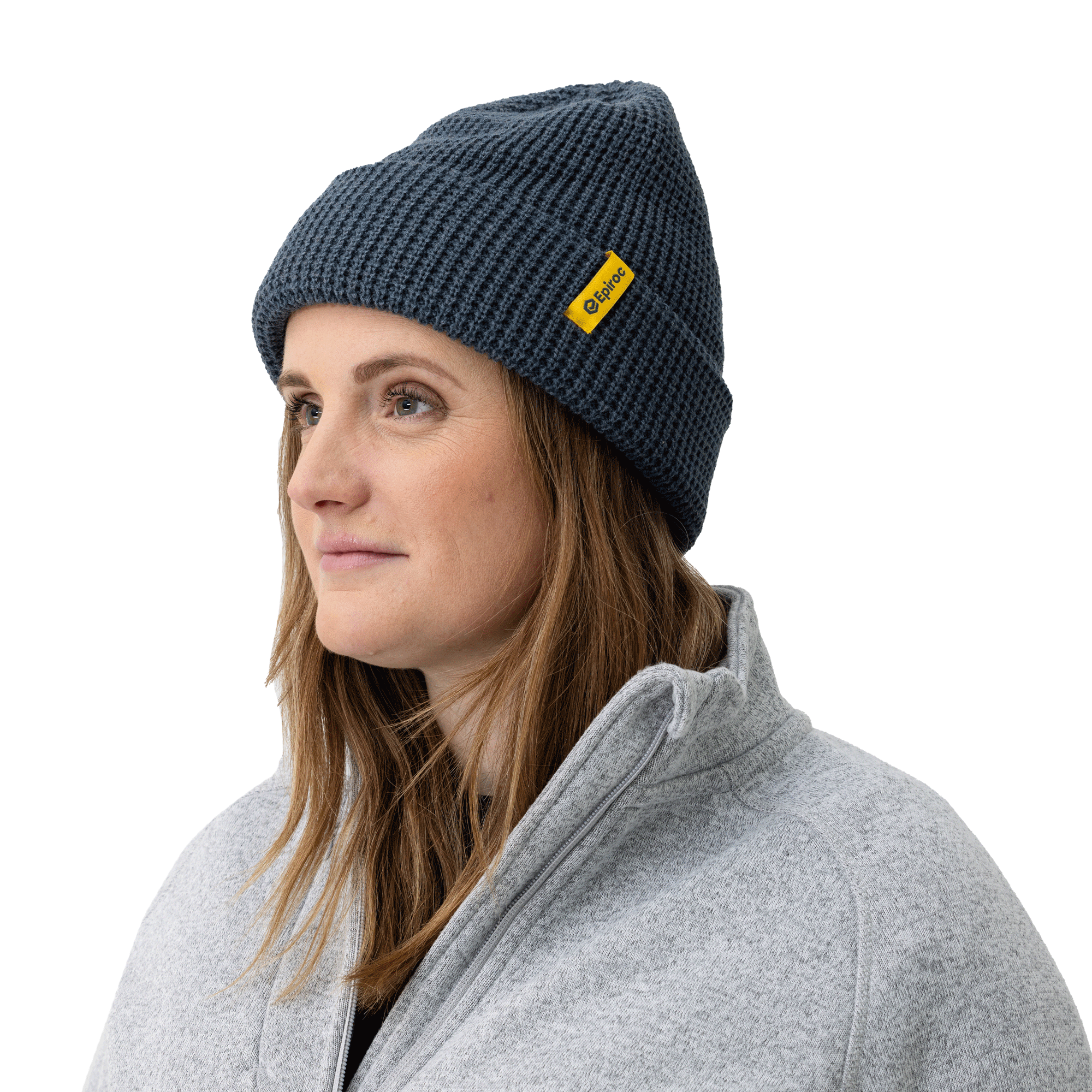 winter hat with epiroc logo on female model