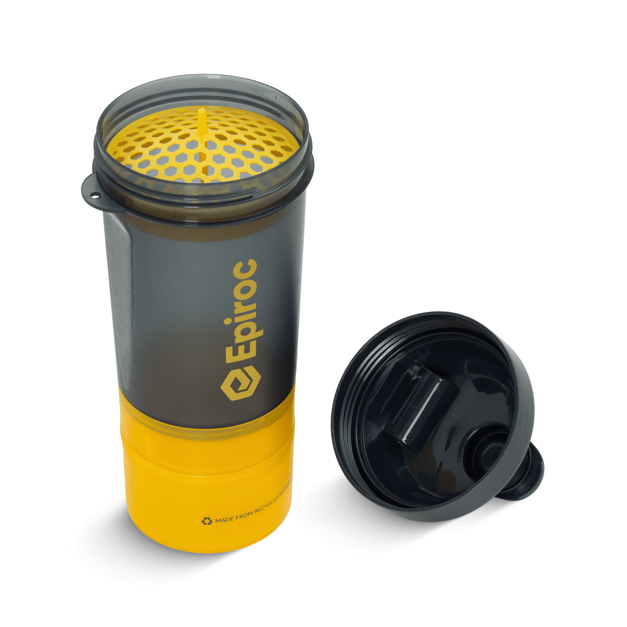 grey and yellow apiroc shaker bottle with bottom containers