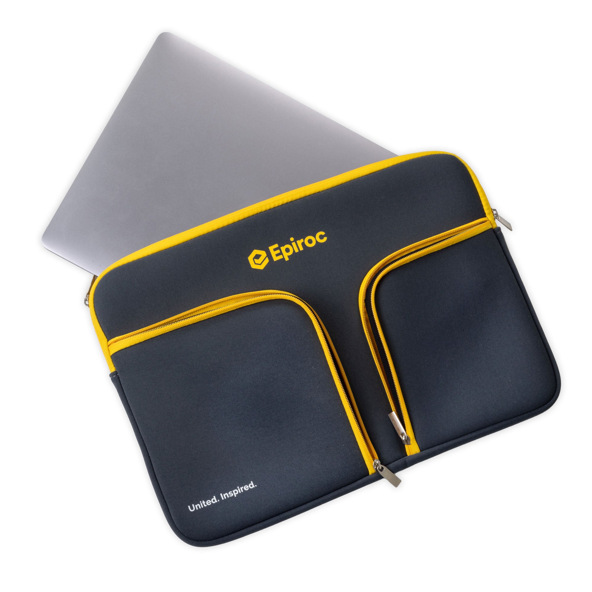 grey and yellow laptop bag with epiroc logo and a computer