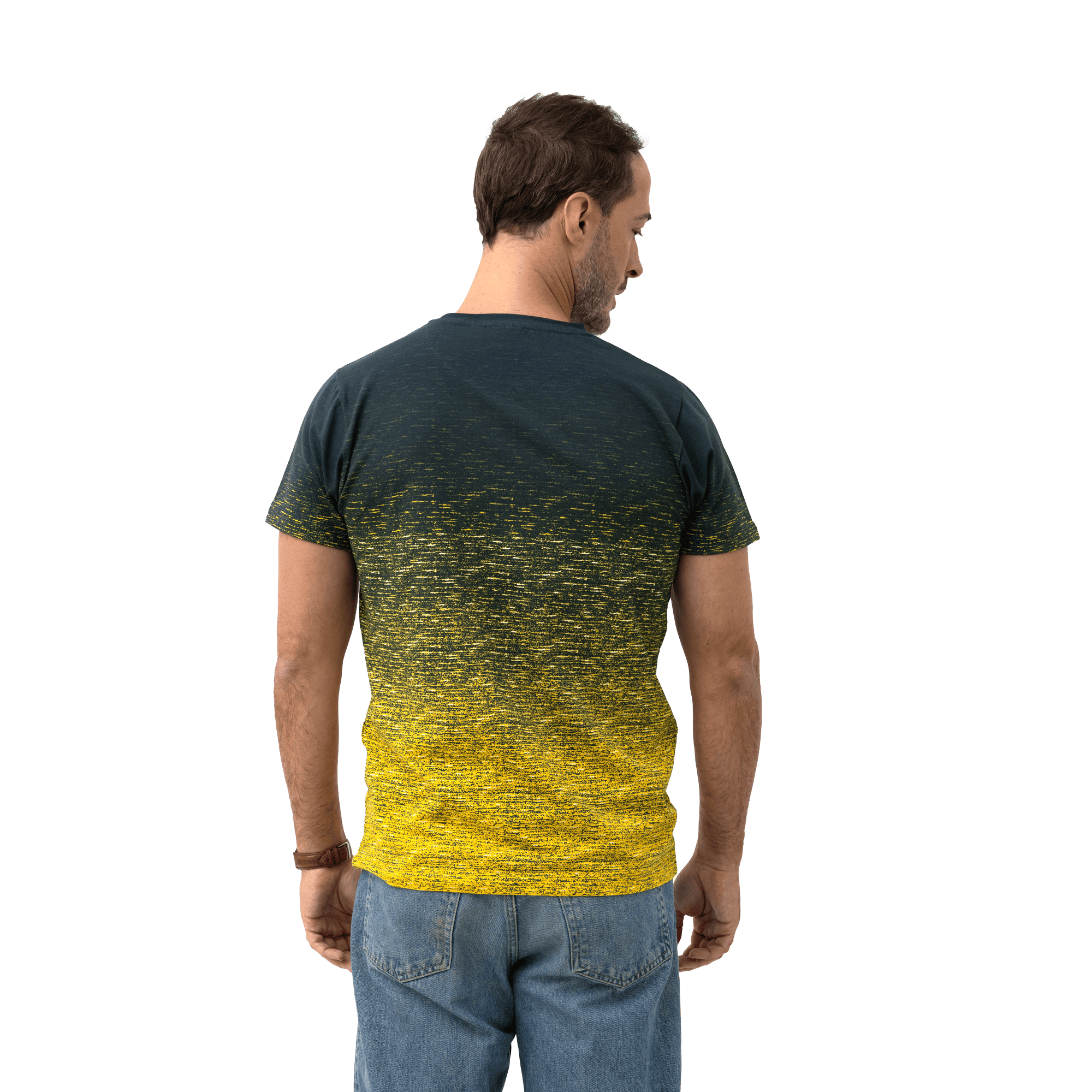grey t-shirt with accelerate pattern in yellow on male model from back