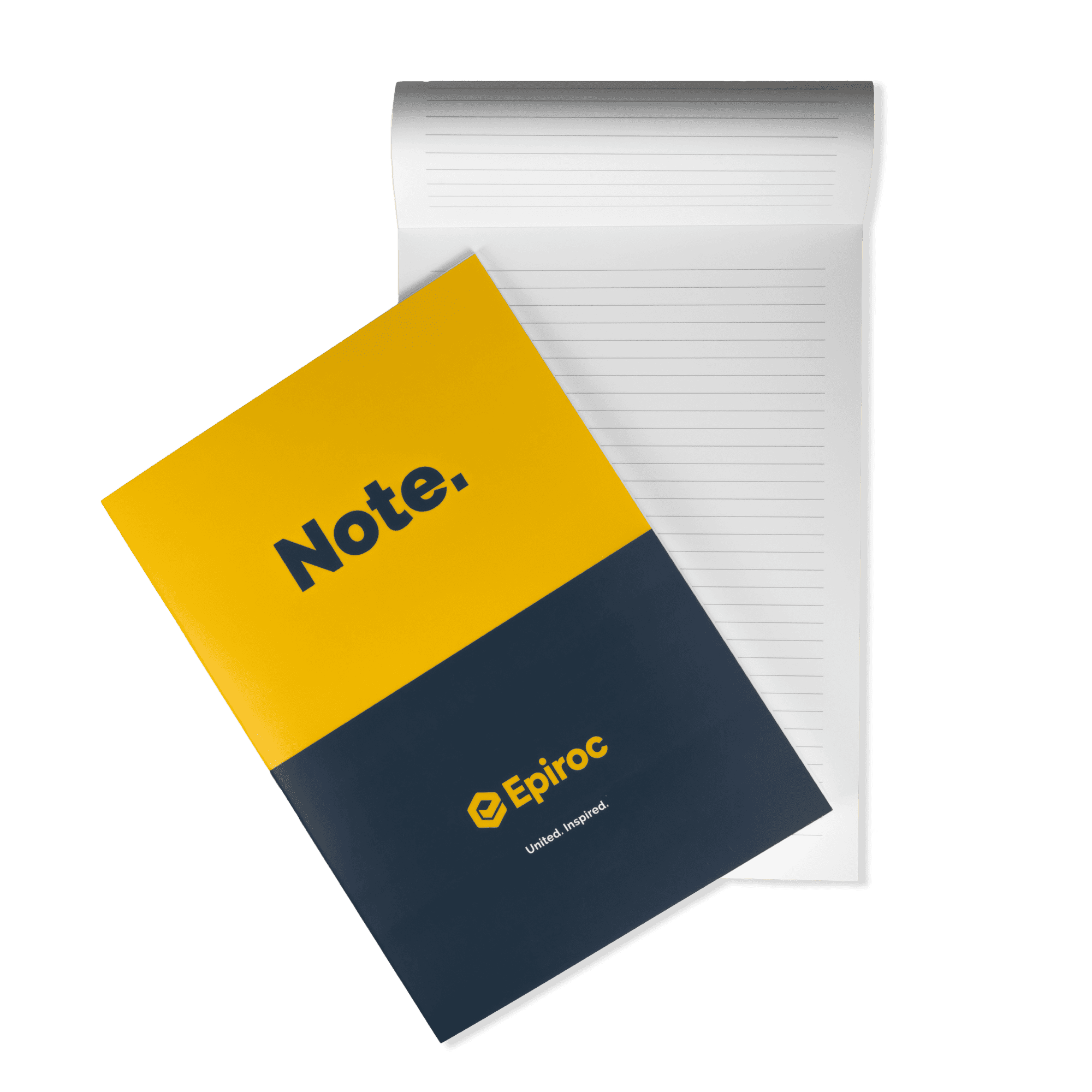 grey and yellow notebook with epiroc logo and note. text