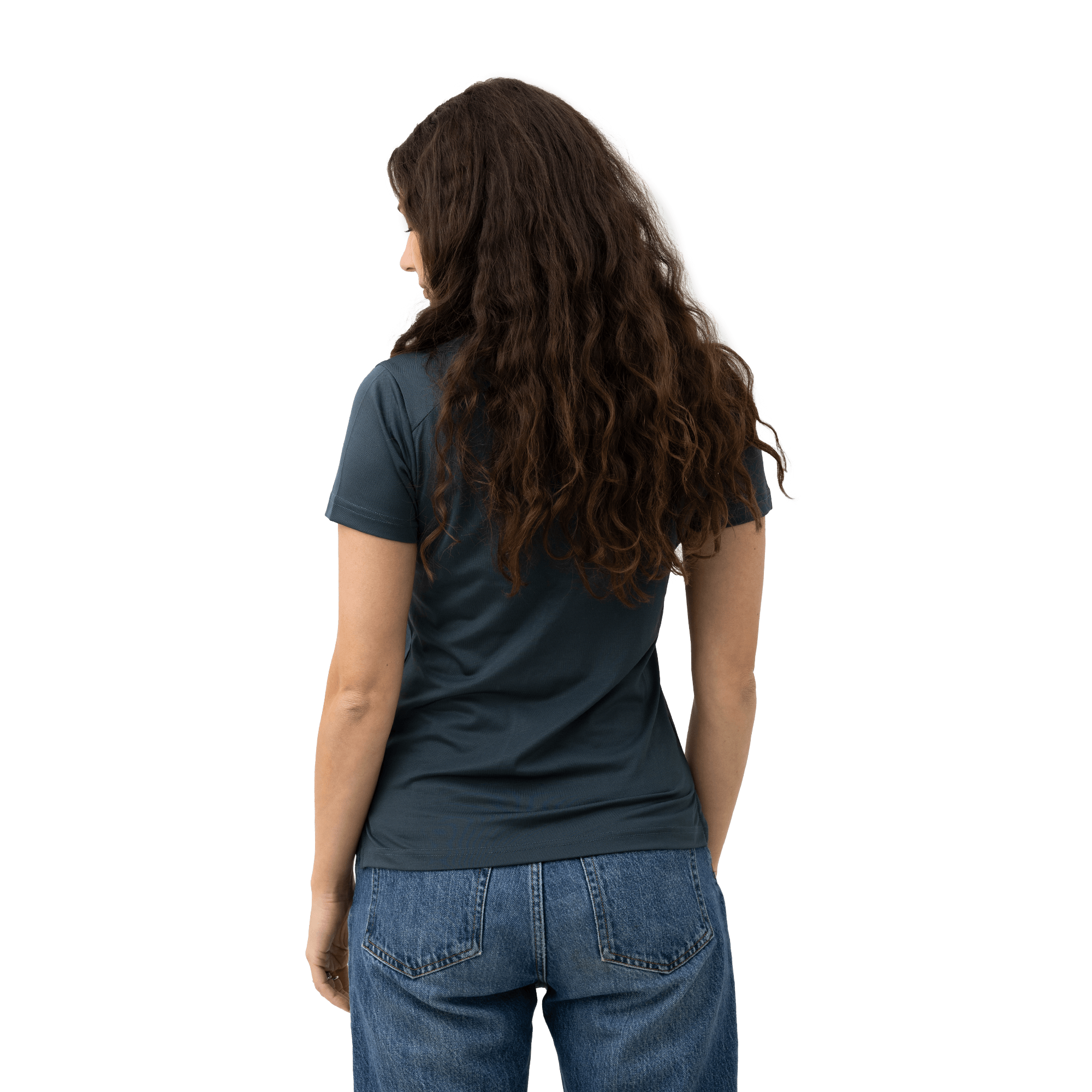 grey polo shirt female model from back