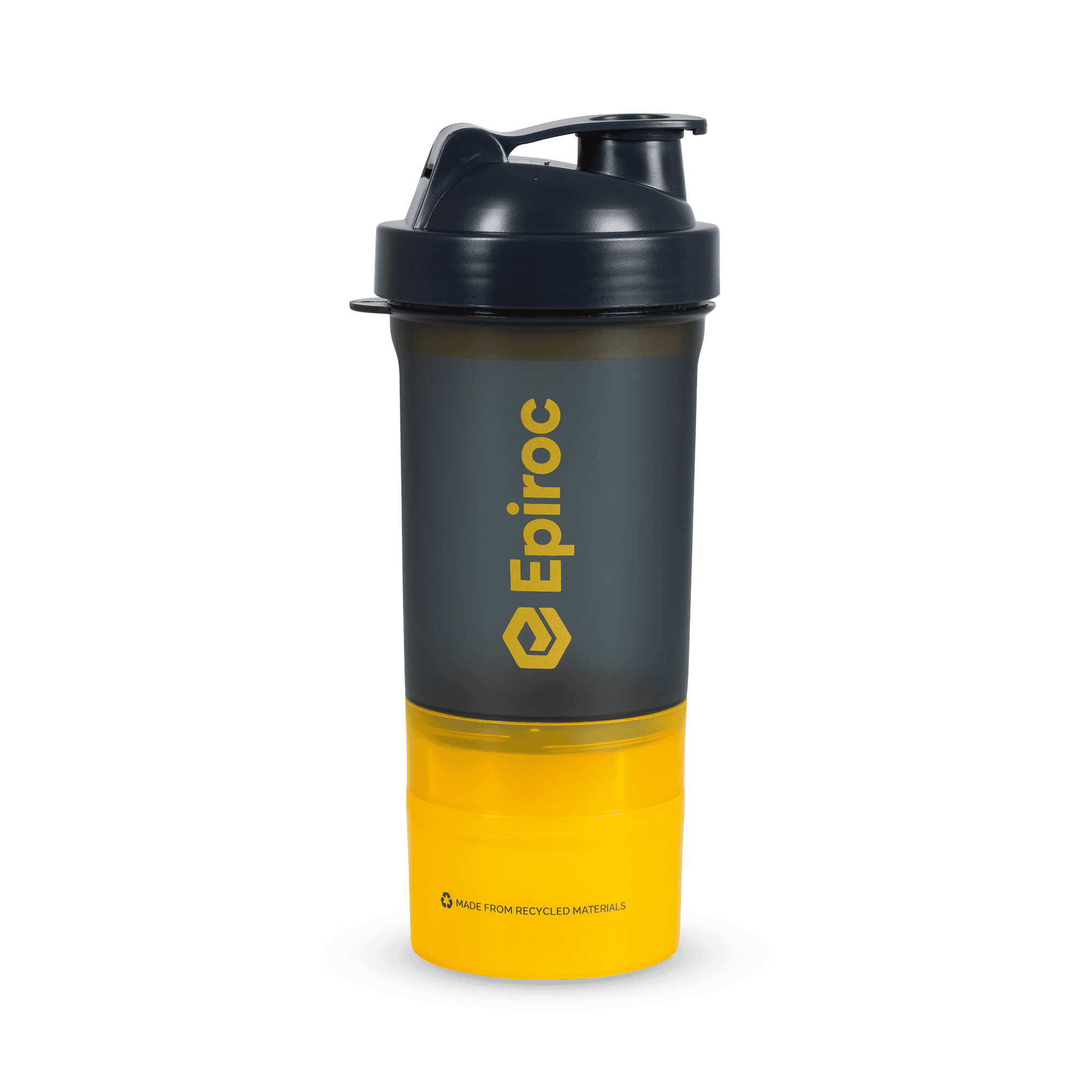 grey and yellow apiroc shaker bottle with bottom containers