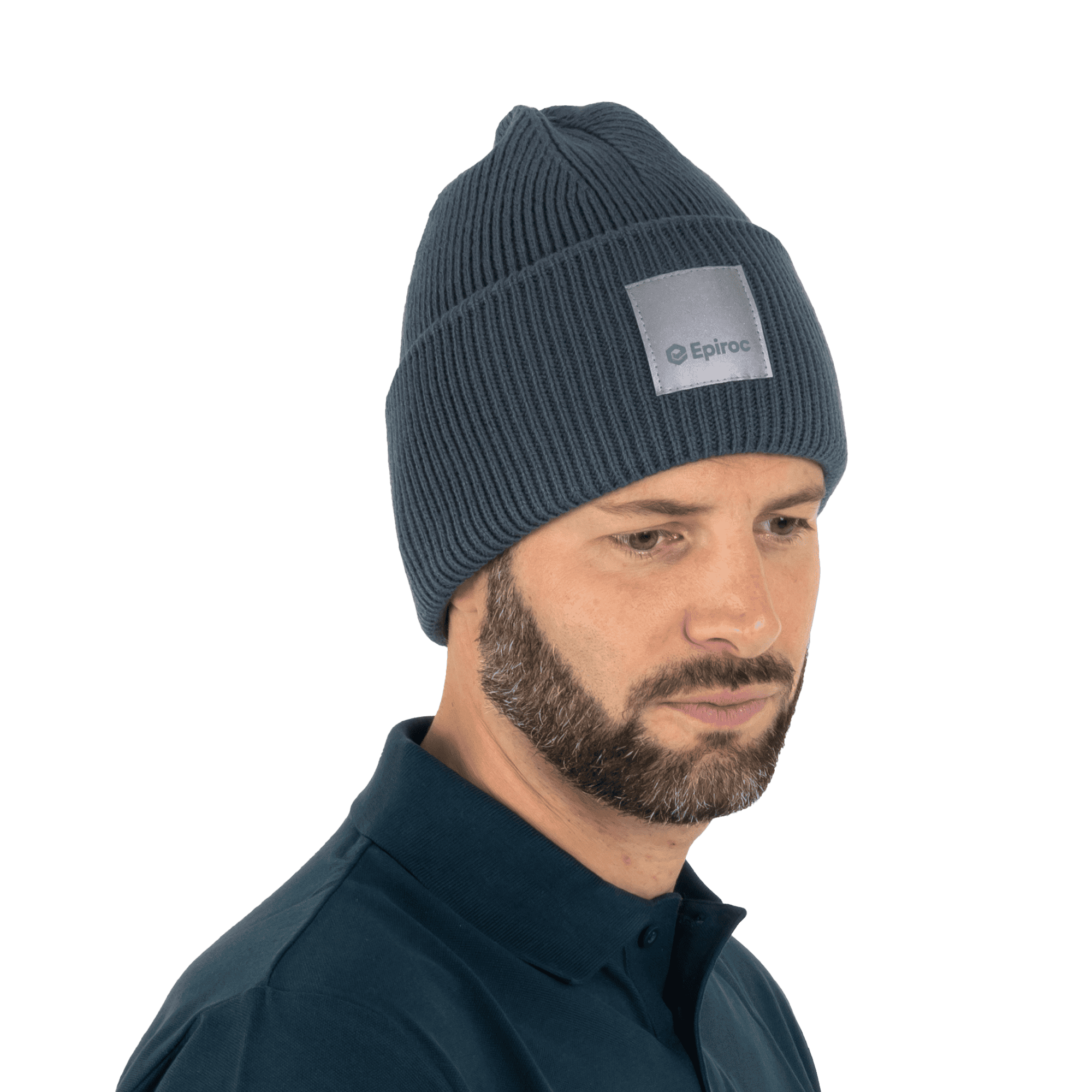 grey knitted hat with epiroc reflective label
