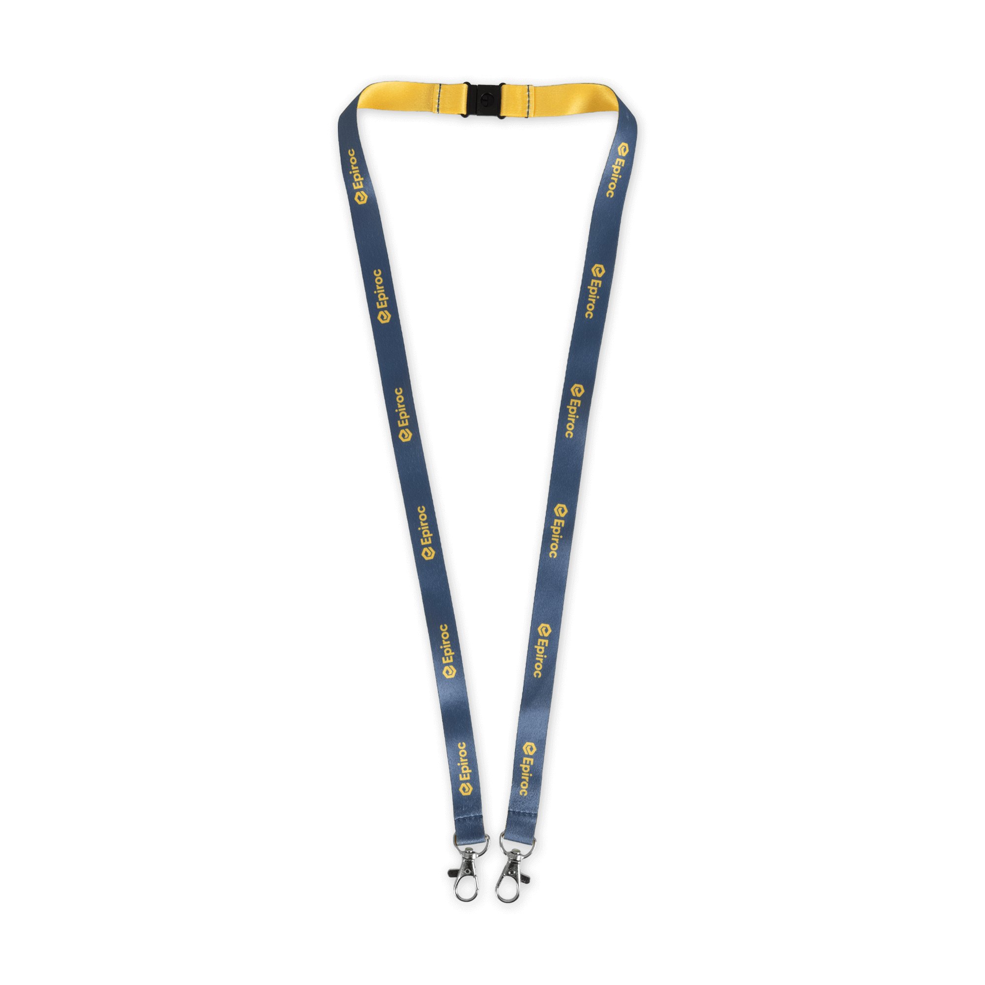 grey and yellow lanyard with double carabiner hooks and epiroc logo
