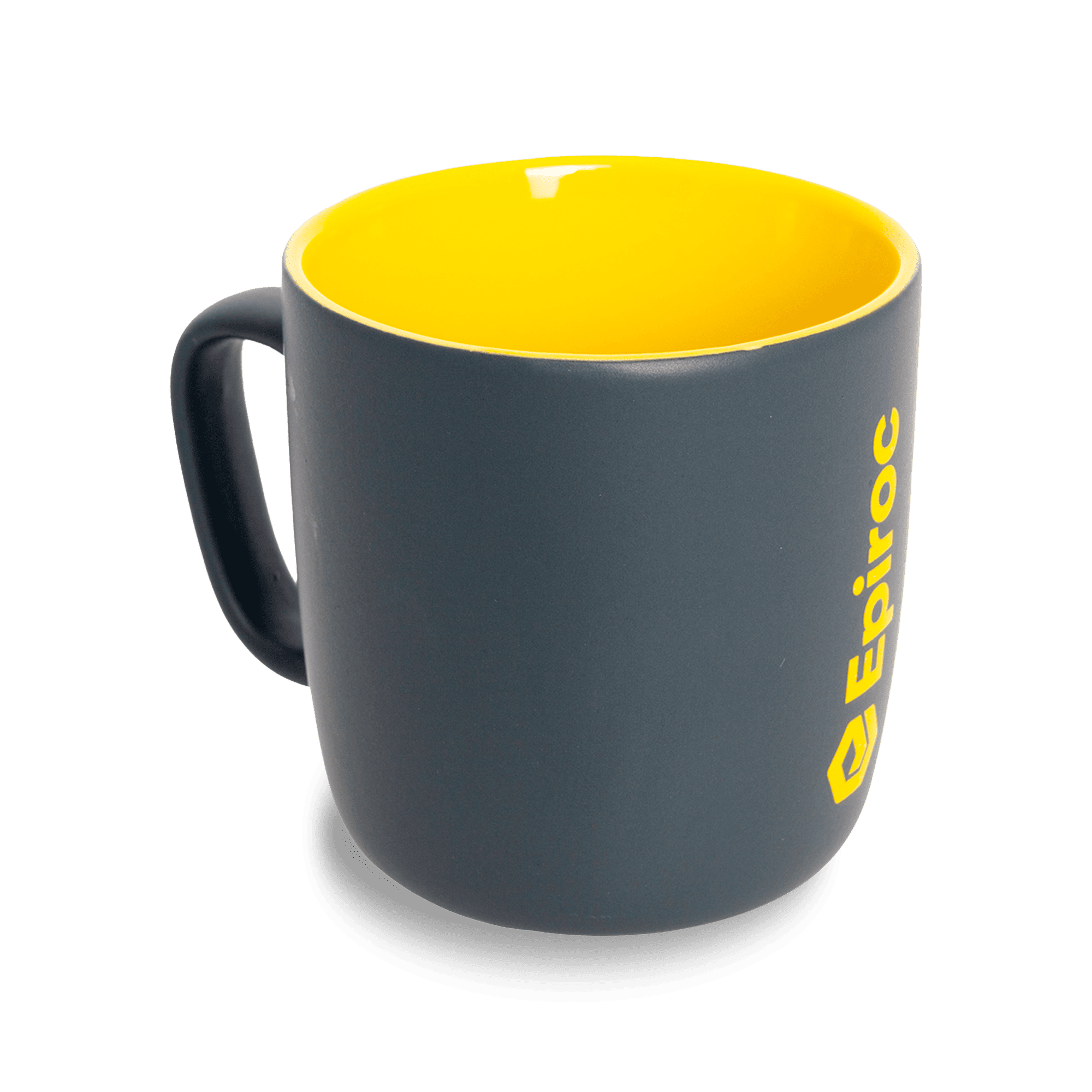 grey epiroc mug with yellow inside and logo