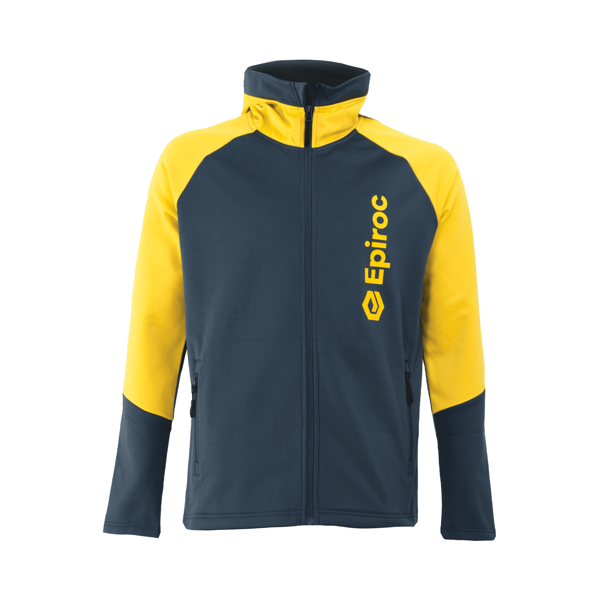 grey and yellow epiroc power hoodie