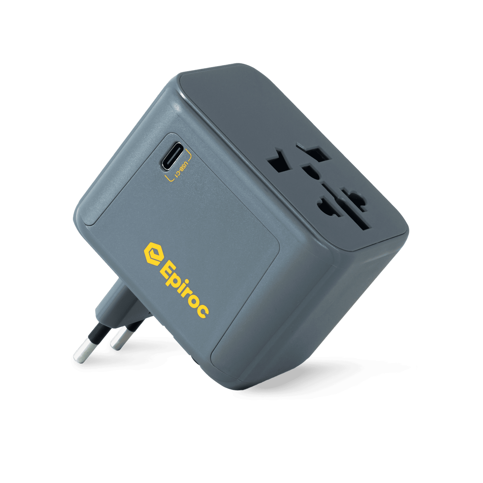 grey travel adapter with yellow epiroc logo