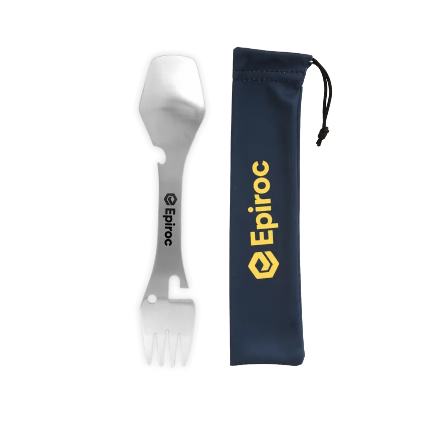 spork with engraved epiroc logo and sleeve
