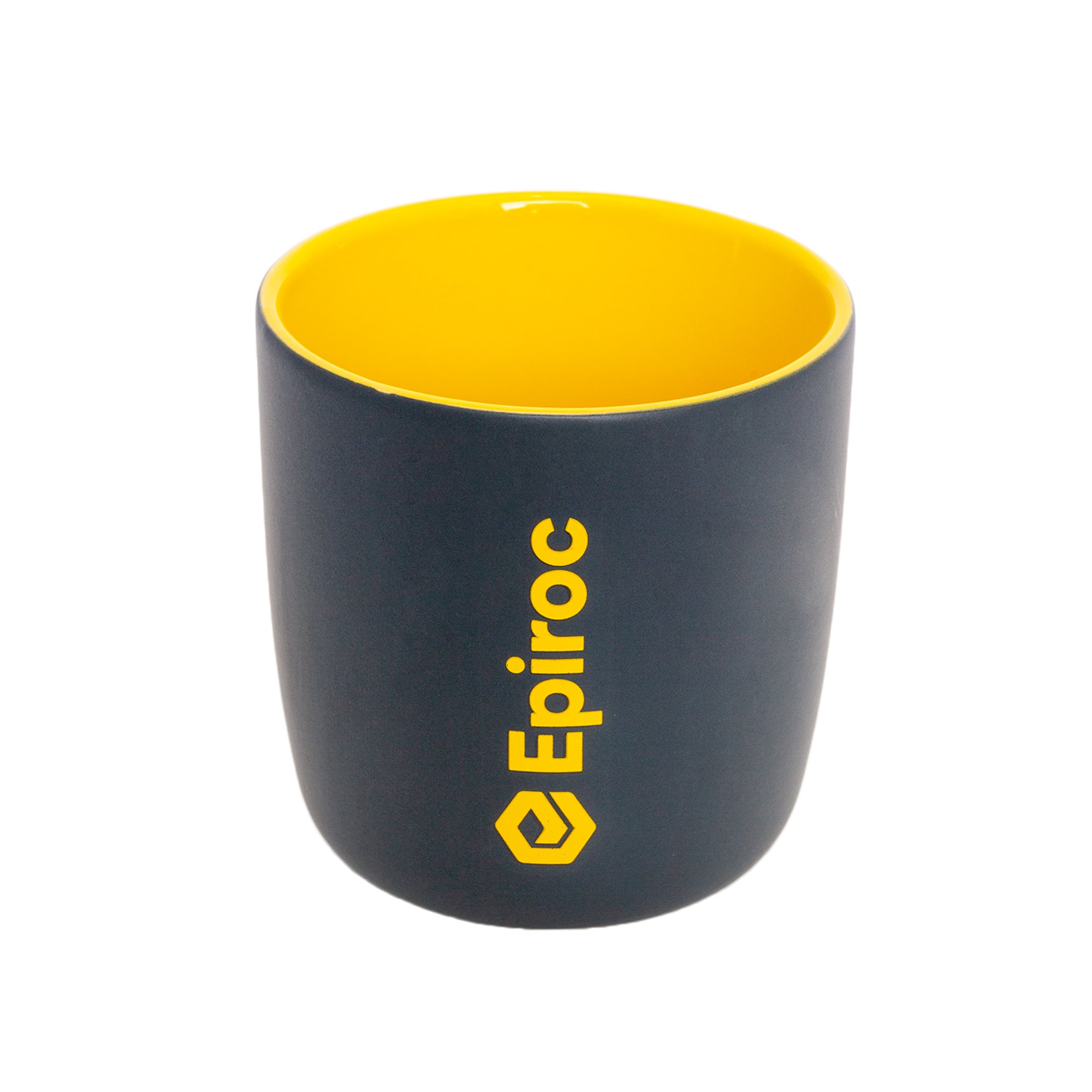 grey epiroc mug with yellow inside and logo