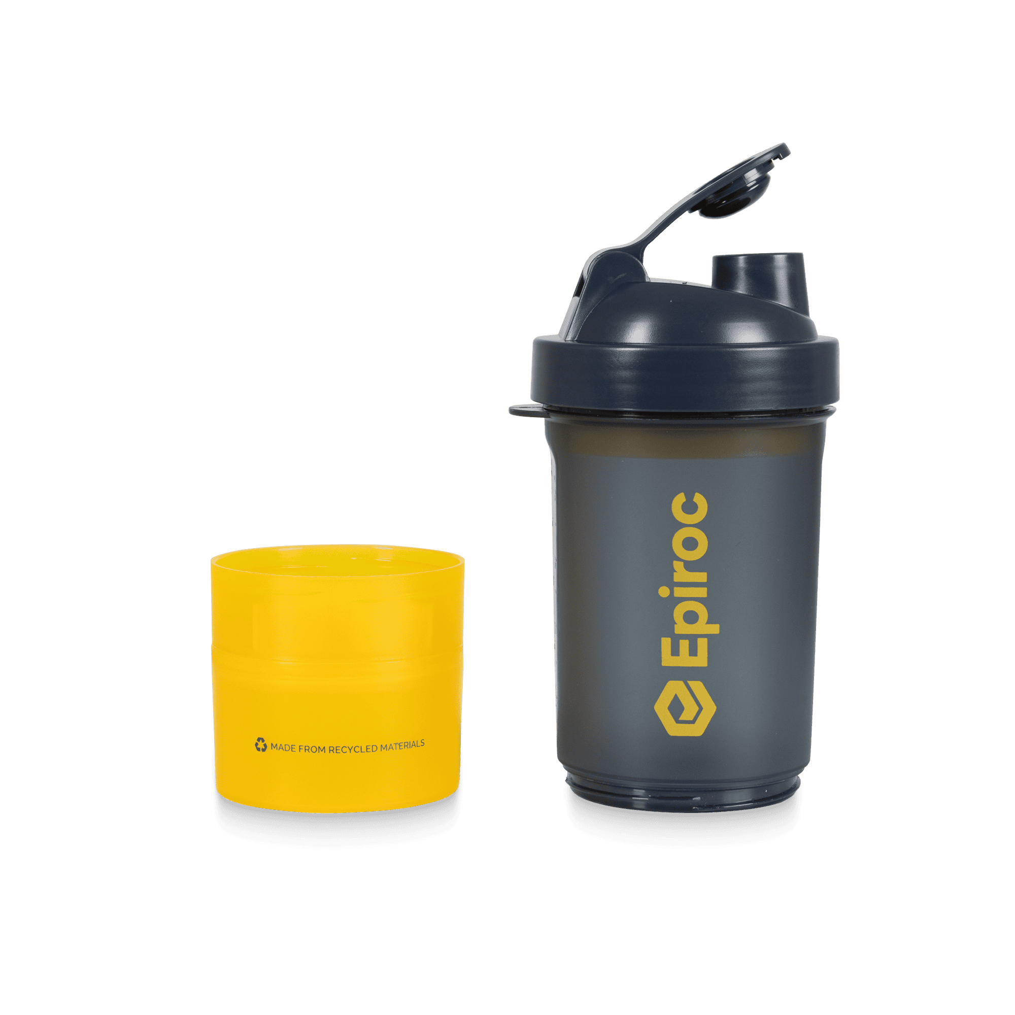 grey and yellow apiroc shaker bottle with bottom containers