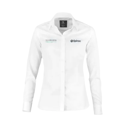 Ladies white epiroc shirt with ground logo
