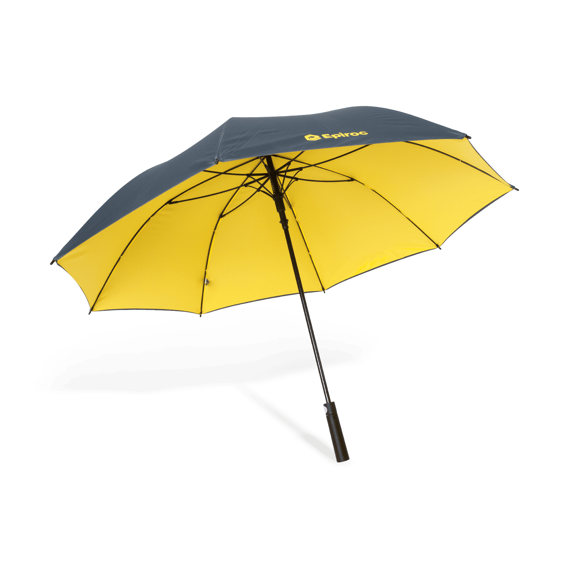 grey epiroc umbrella with yellow inside