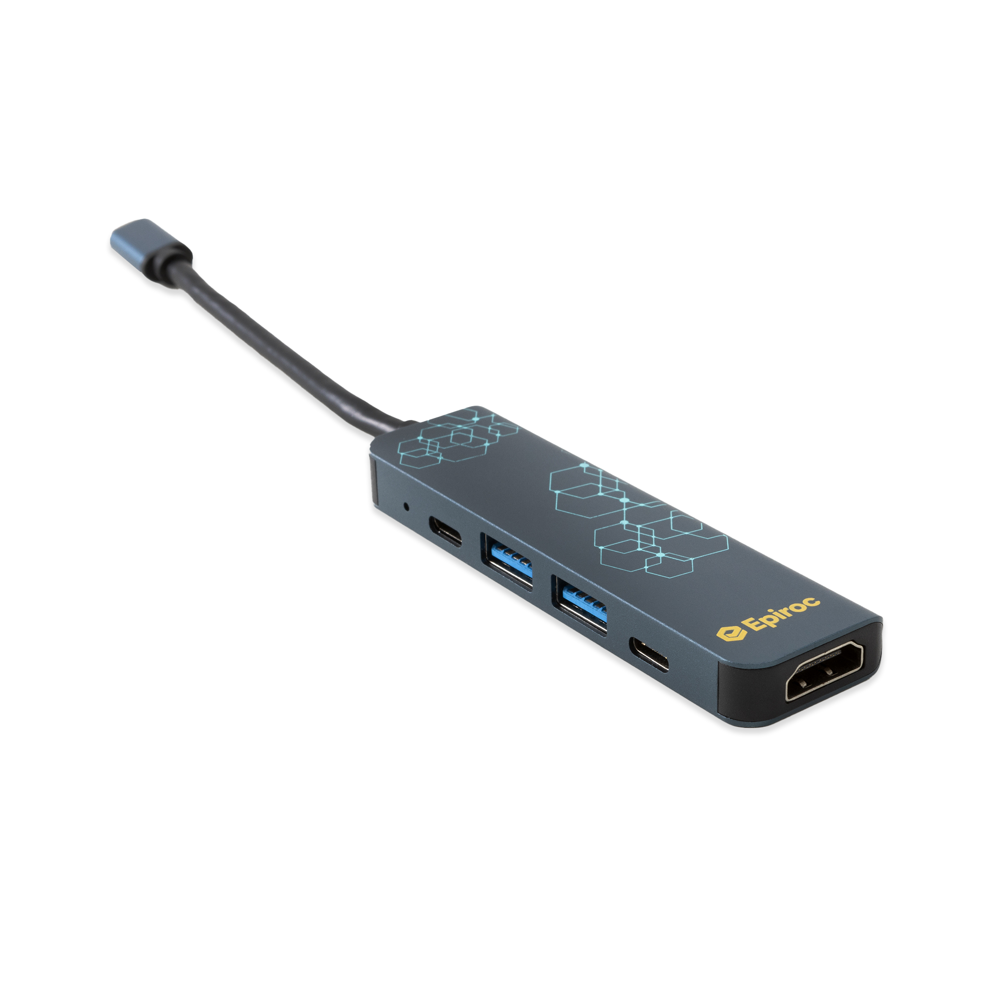 usb hub in grey with connectivity pattern and yellow epiroc logo