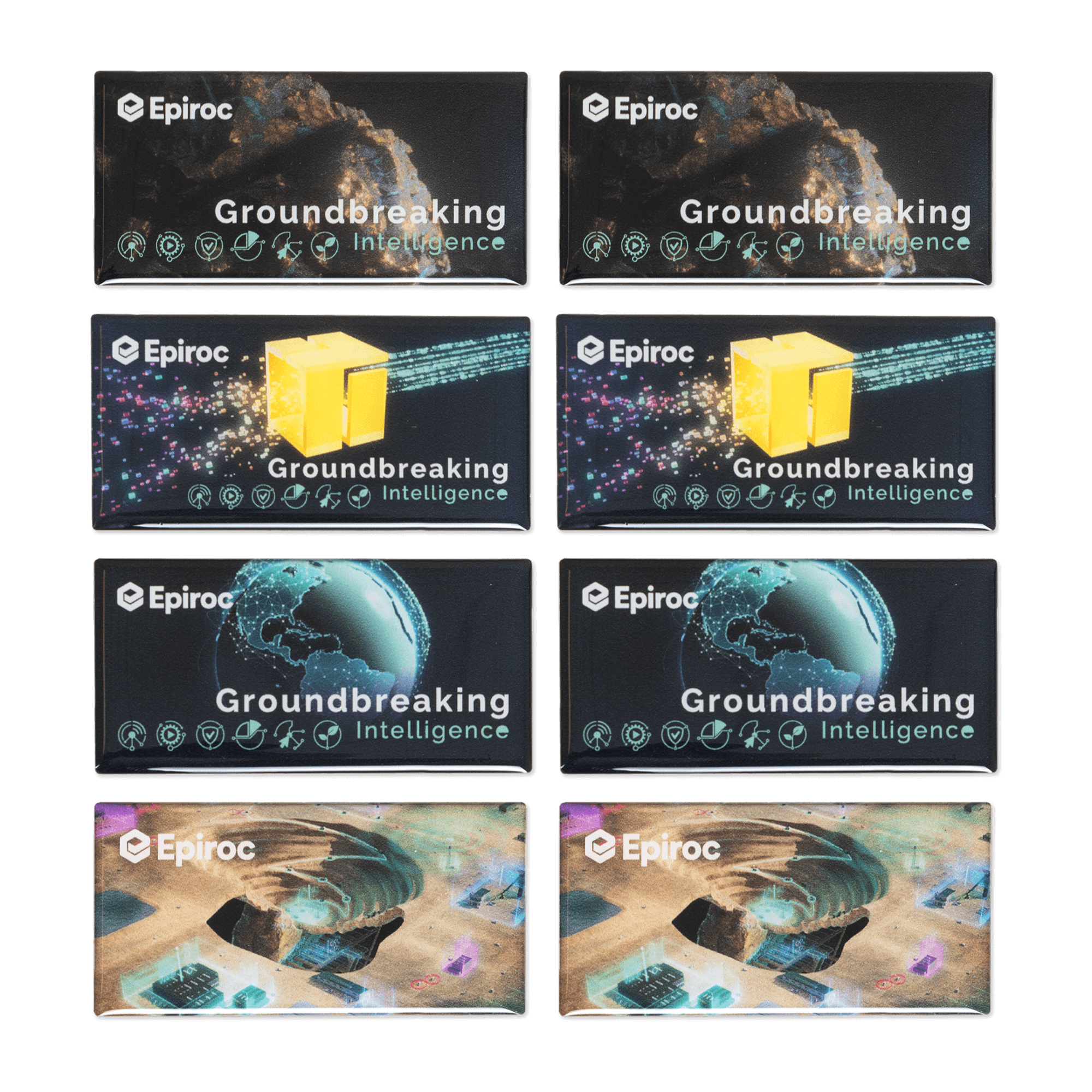 Epiroc stickers with groundbreaking intelligence text and graphics