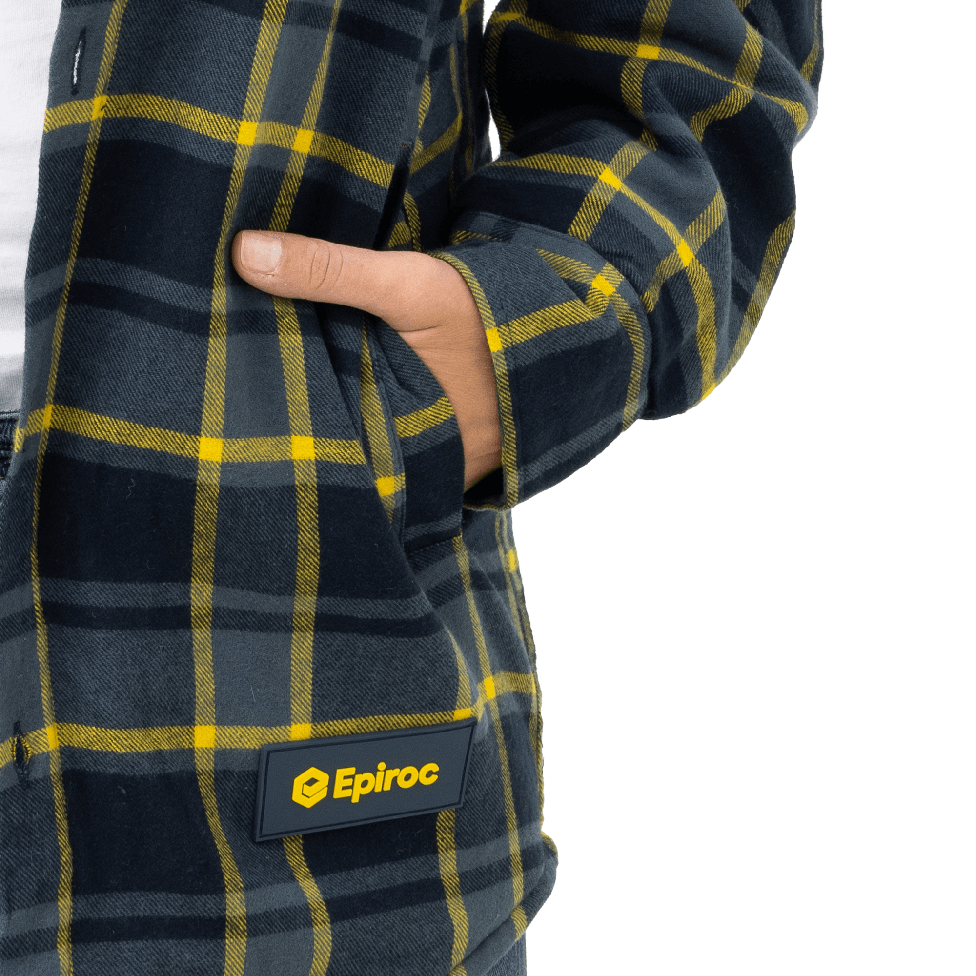 epiroc yellow and grey flannel shirt and rubber label with logo