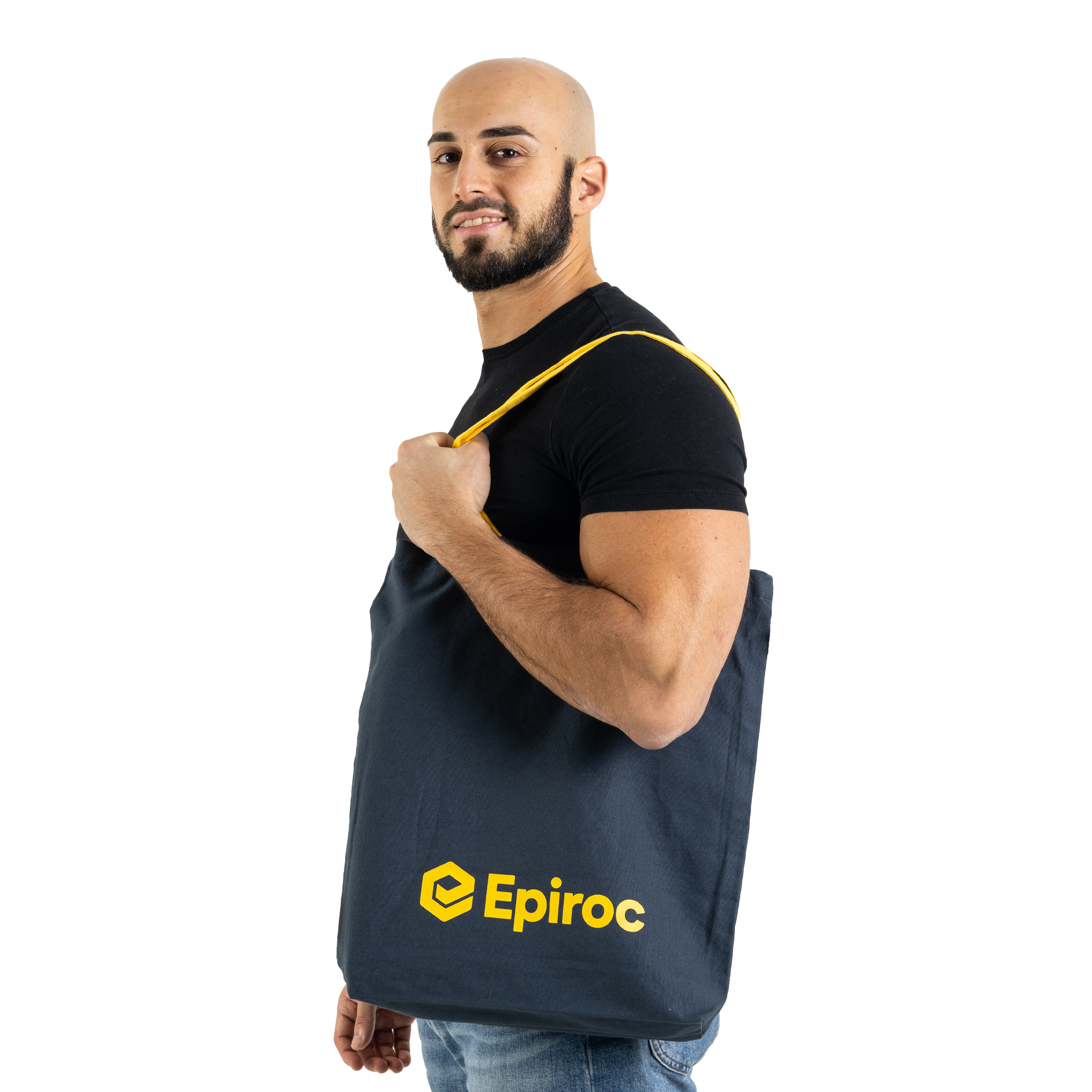 grey tote bag with yellow epiroc logo and straps