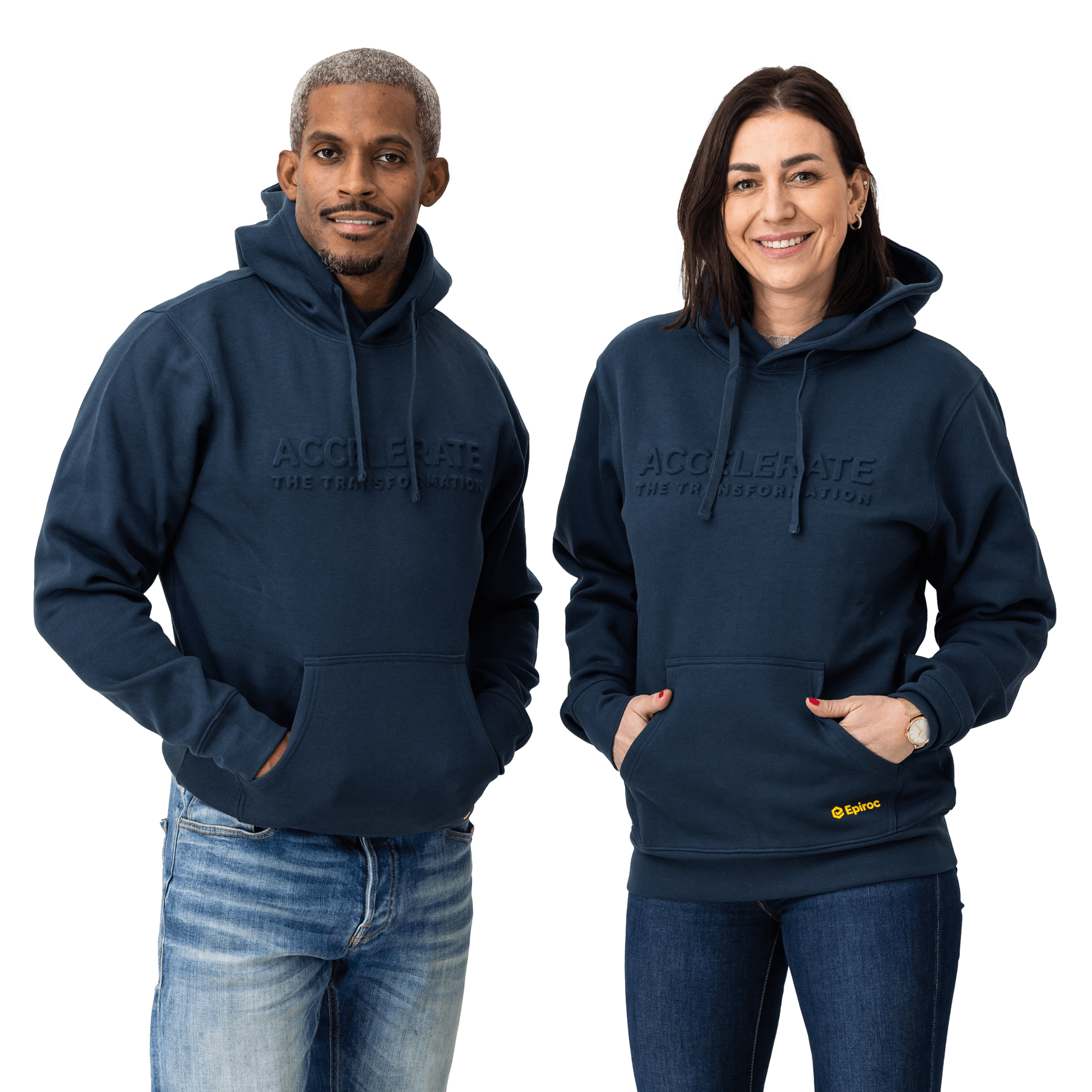 grey hoodie with accelerate text and epiroc logo with two models
