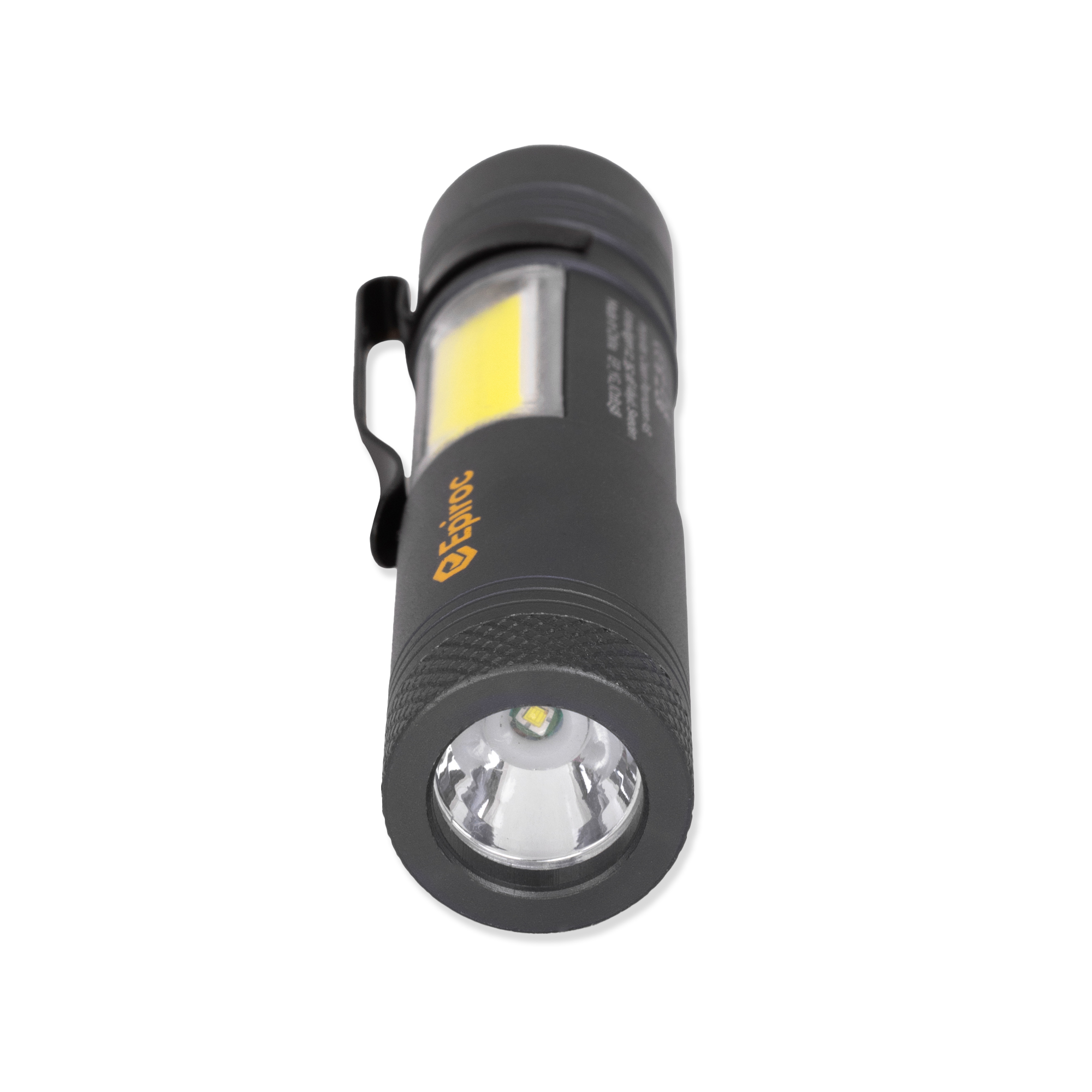 grey flashlight with yellow epiroc logo