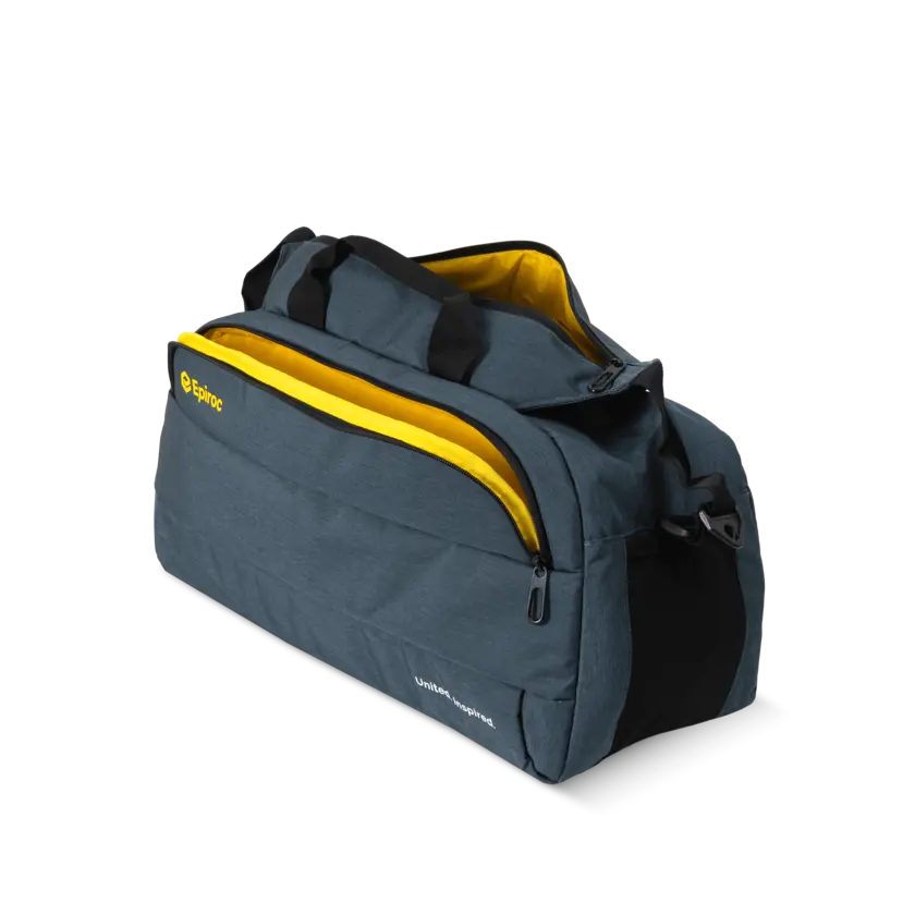 sport bag with epiroc logo and text open