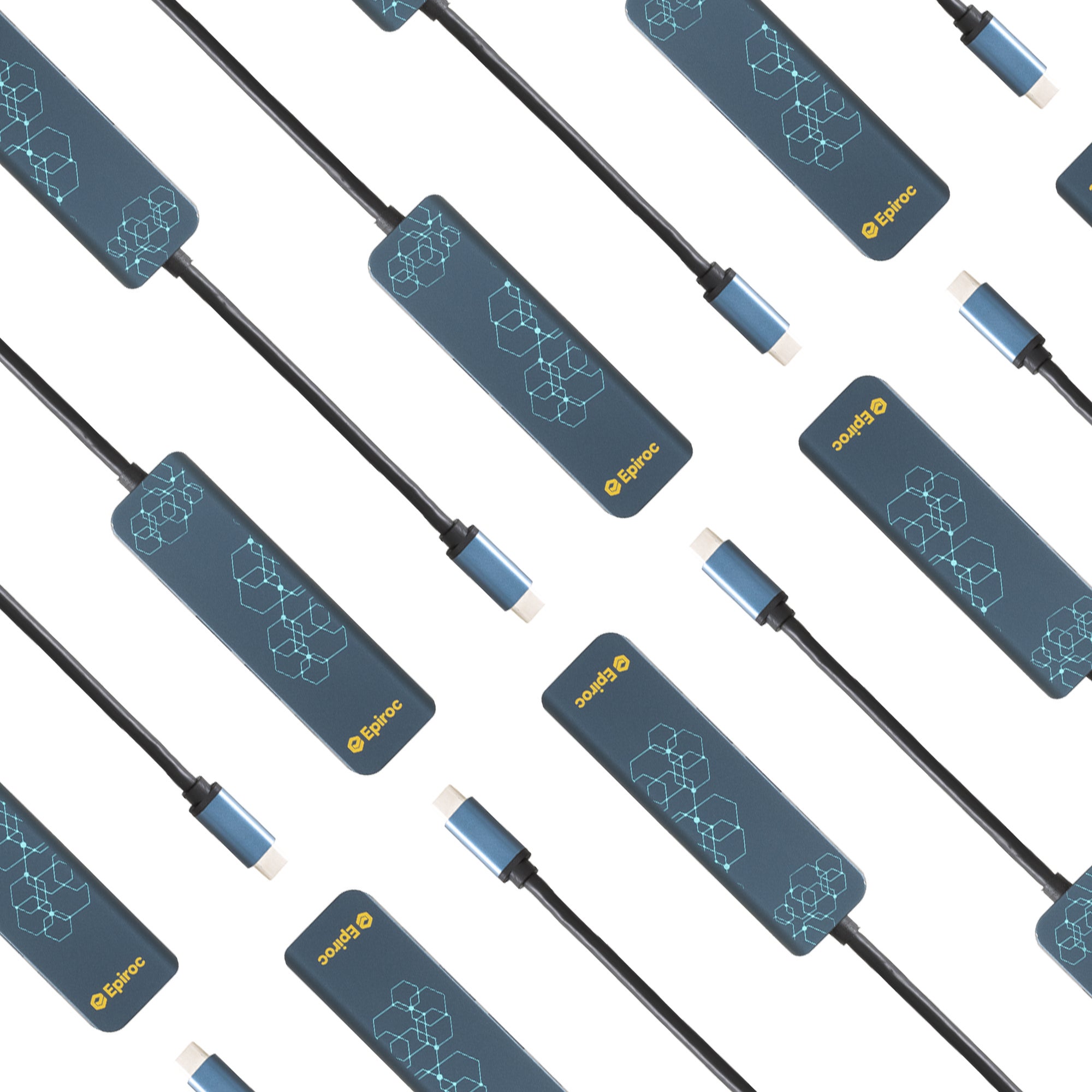 multiple usb hubs in grey with connectivity pattern and yellow epiroc logo