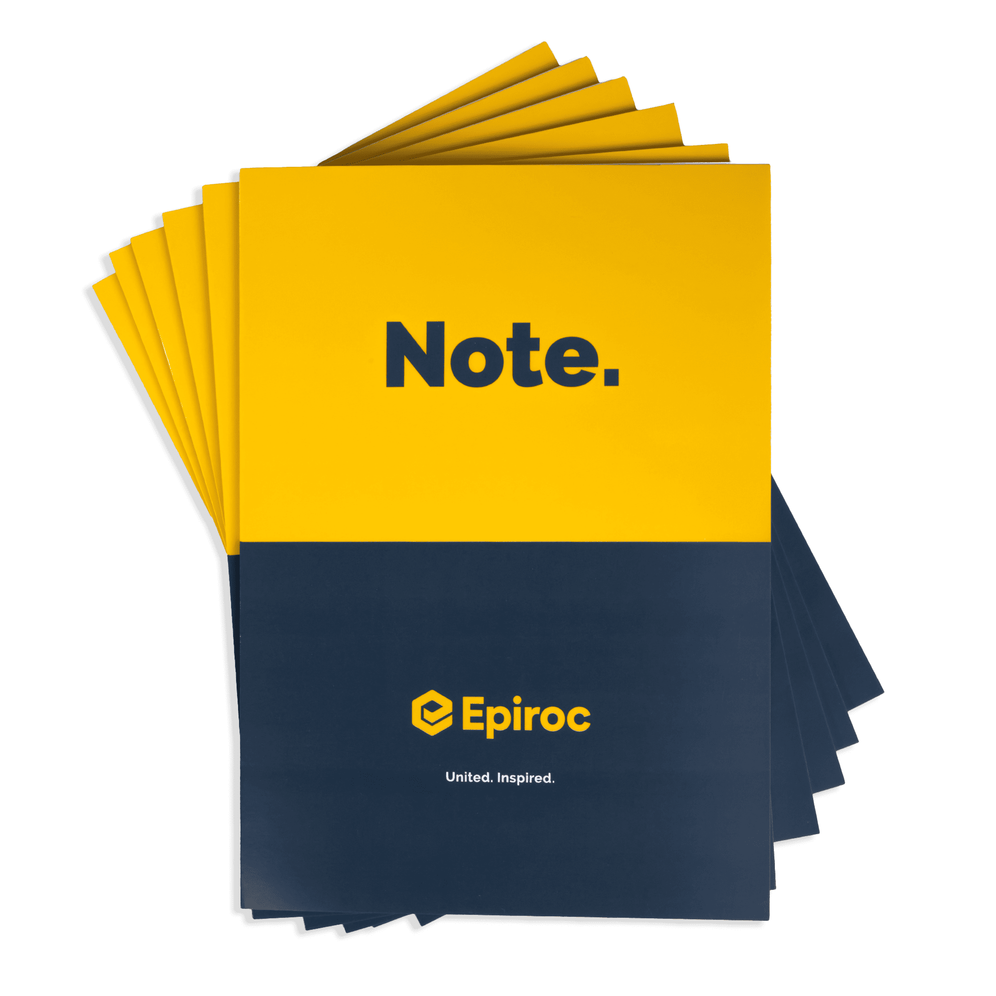 grey and yellow notebook with epiroc logo and note. text