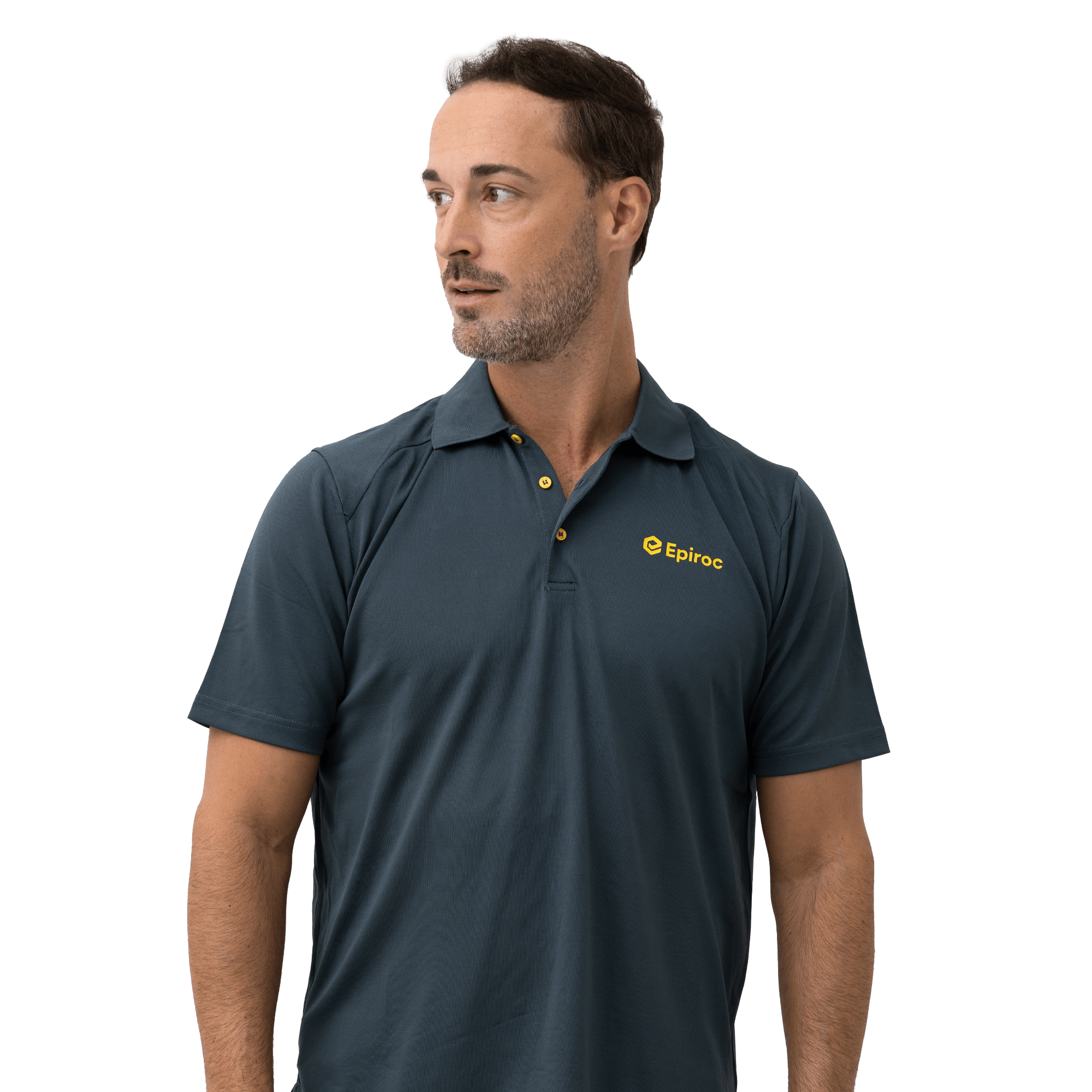 grey polo shirt with epiroc logo in yellow on male model