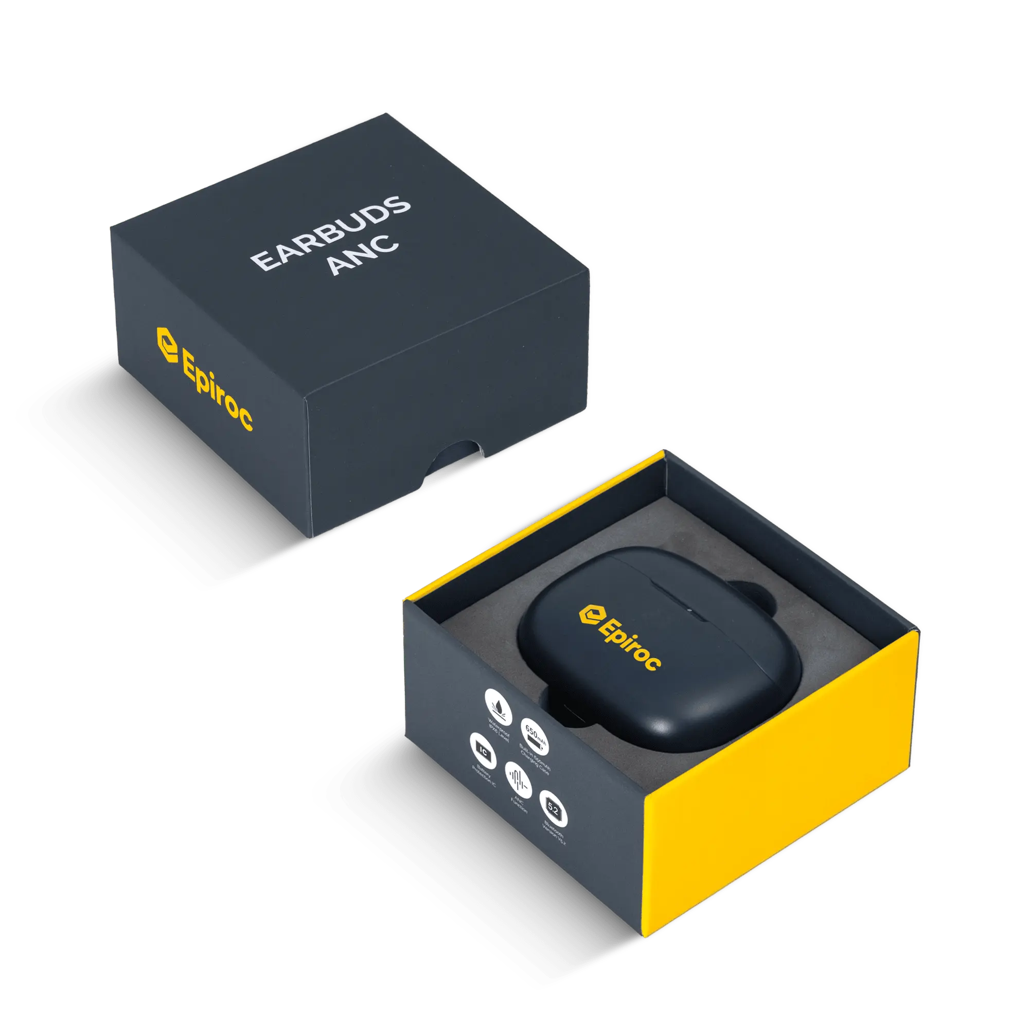 ear buds with epiroc logo in gift box