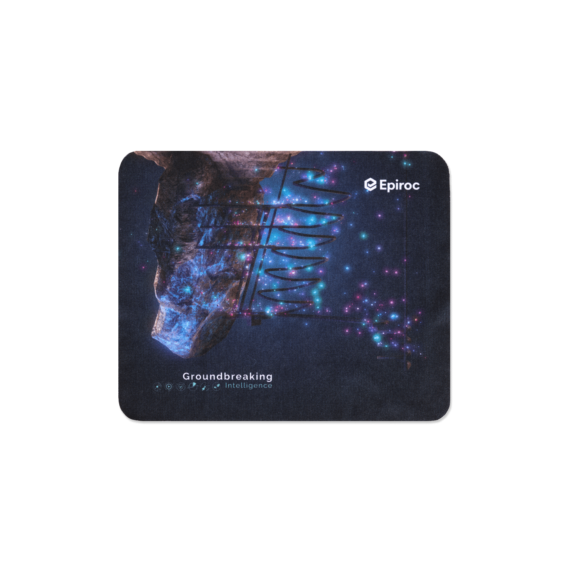 Epiroc mousepad with groundbreaking intelligence text and graphics