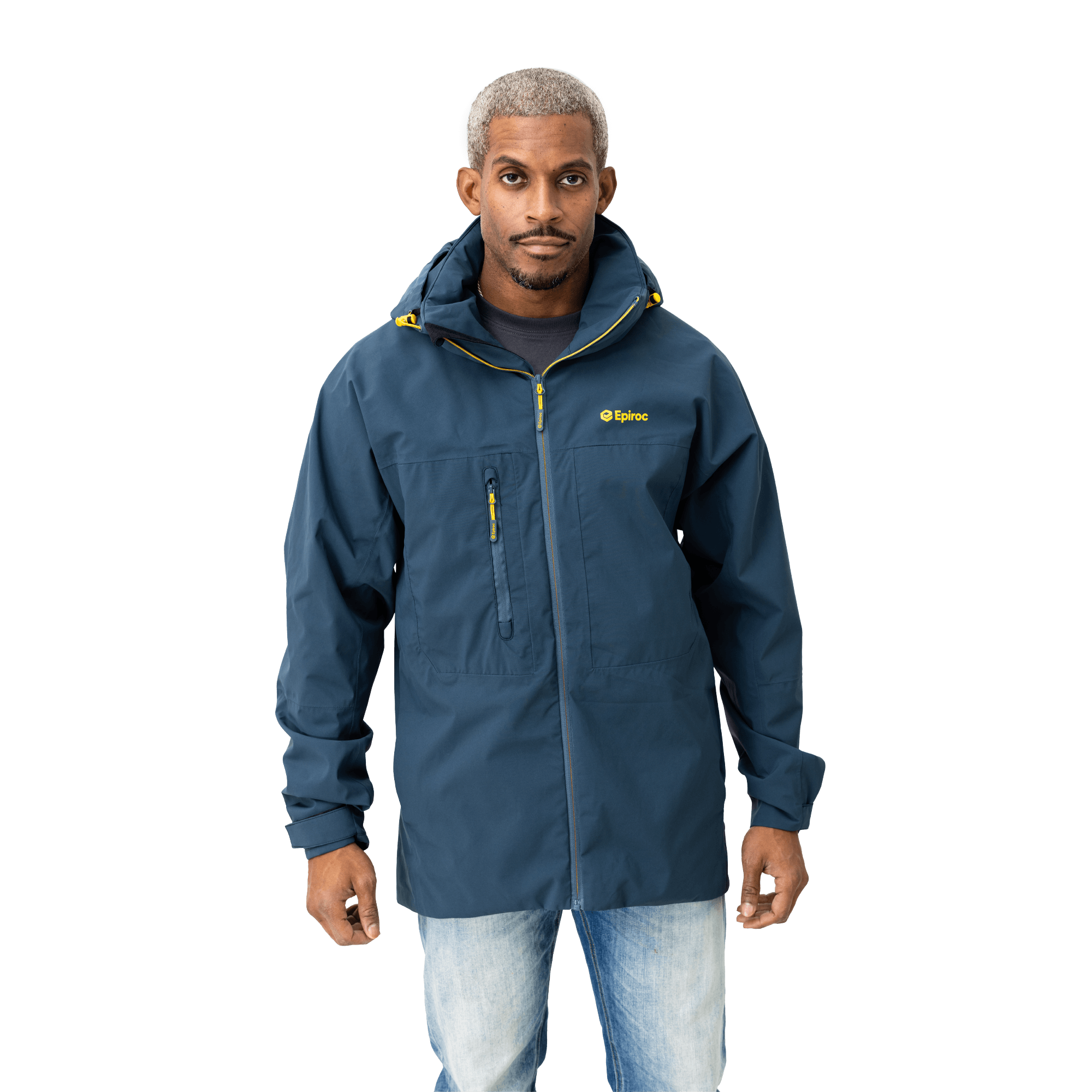 rain jacket with epiroc logo on male model