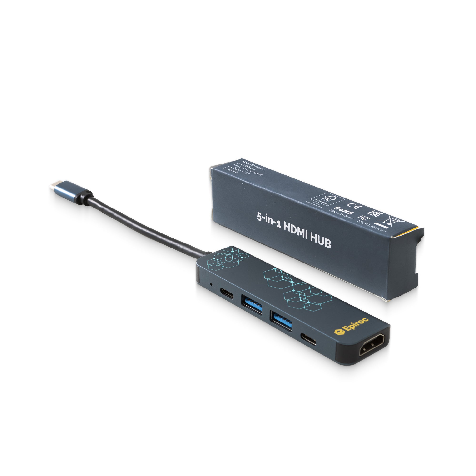 usb hub in grey with connectivity pattern and yellow epiroc logo