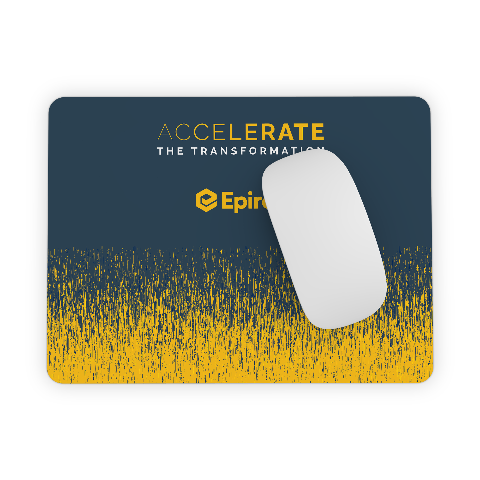 dark grey mouse pad with accelerate pattern and logo in yellow