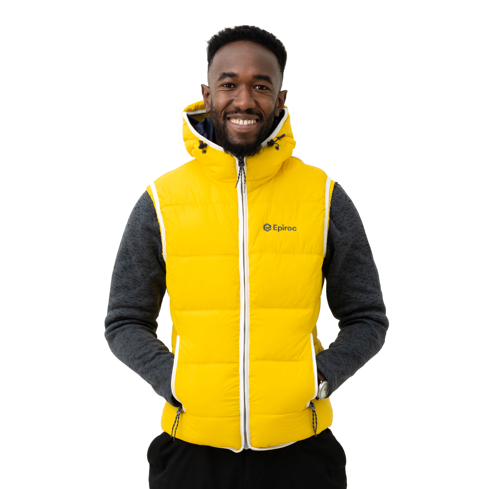 yellow epiroc padded vest with grey logo